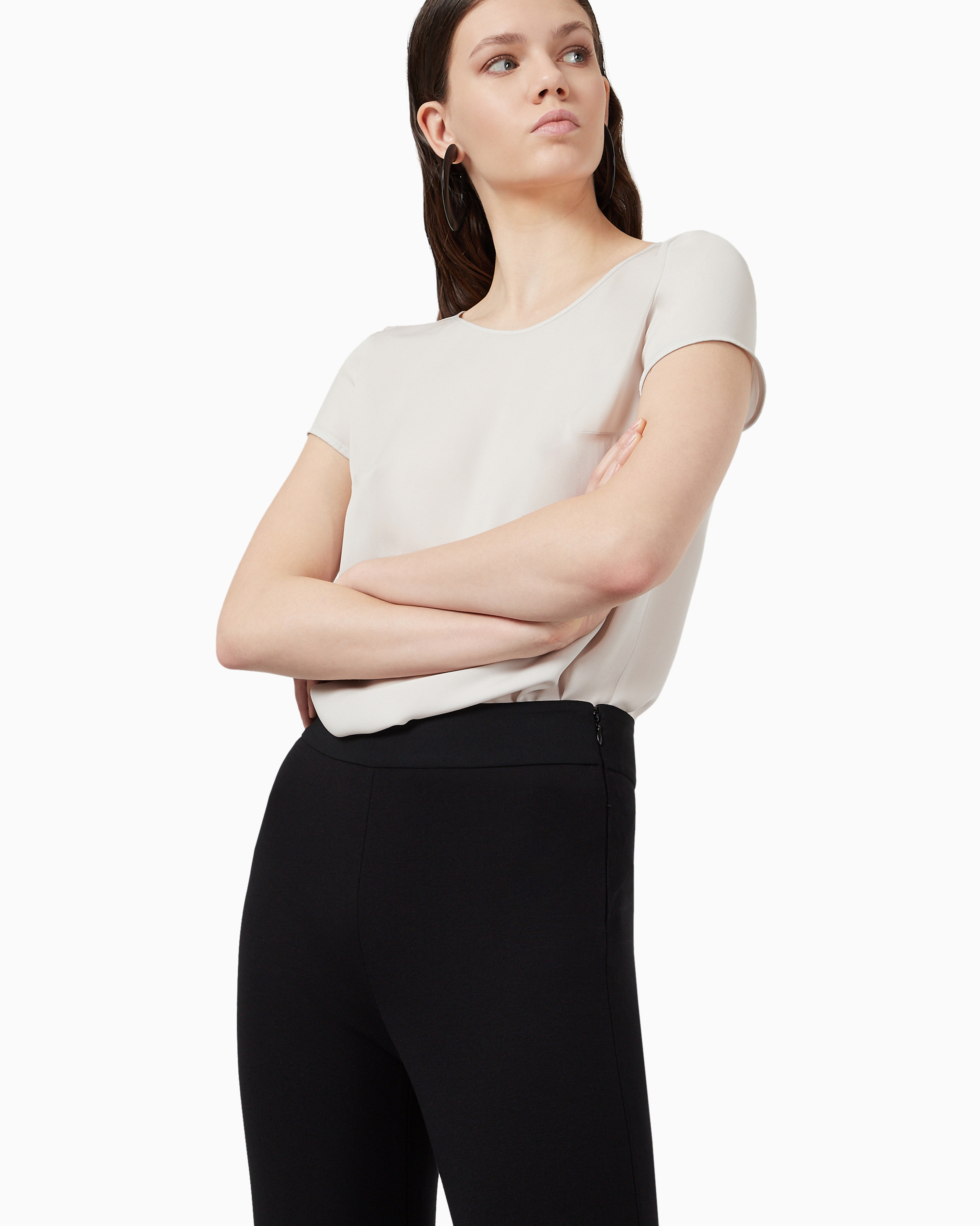 Emporio Armani Slim Fit Trousers In Milano Knit Fabric With Satin Band In Black