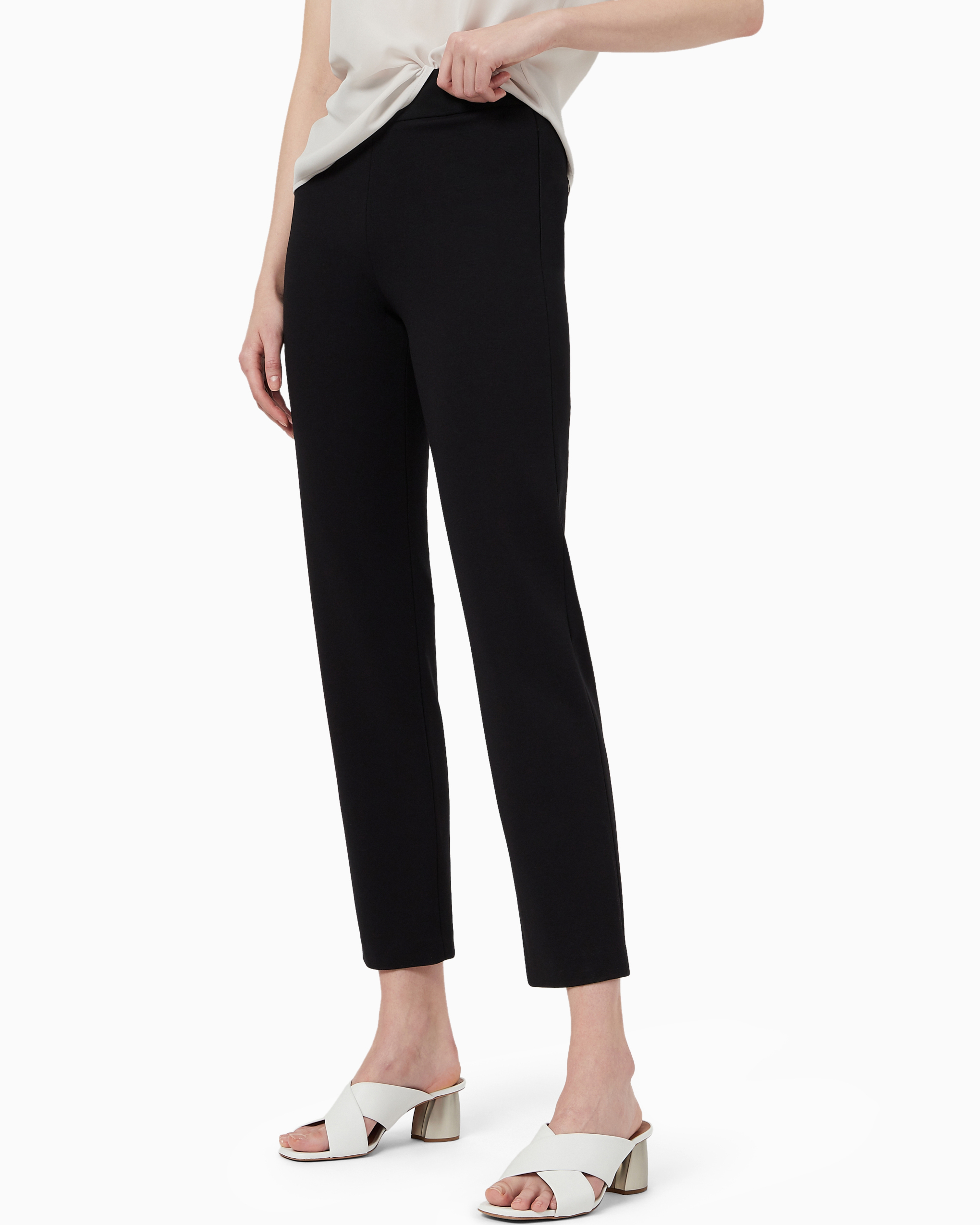 Emporio Armani Slim Fit Trousers In Milano Knit Fabric With Satin Band In Black