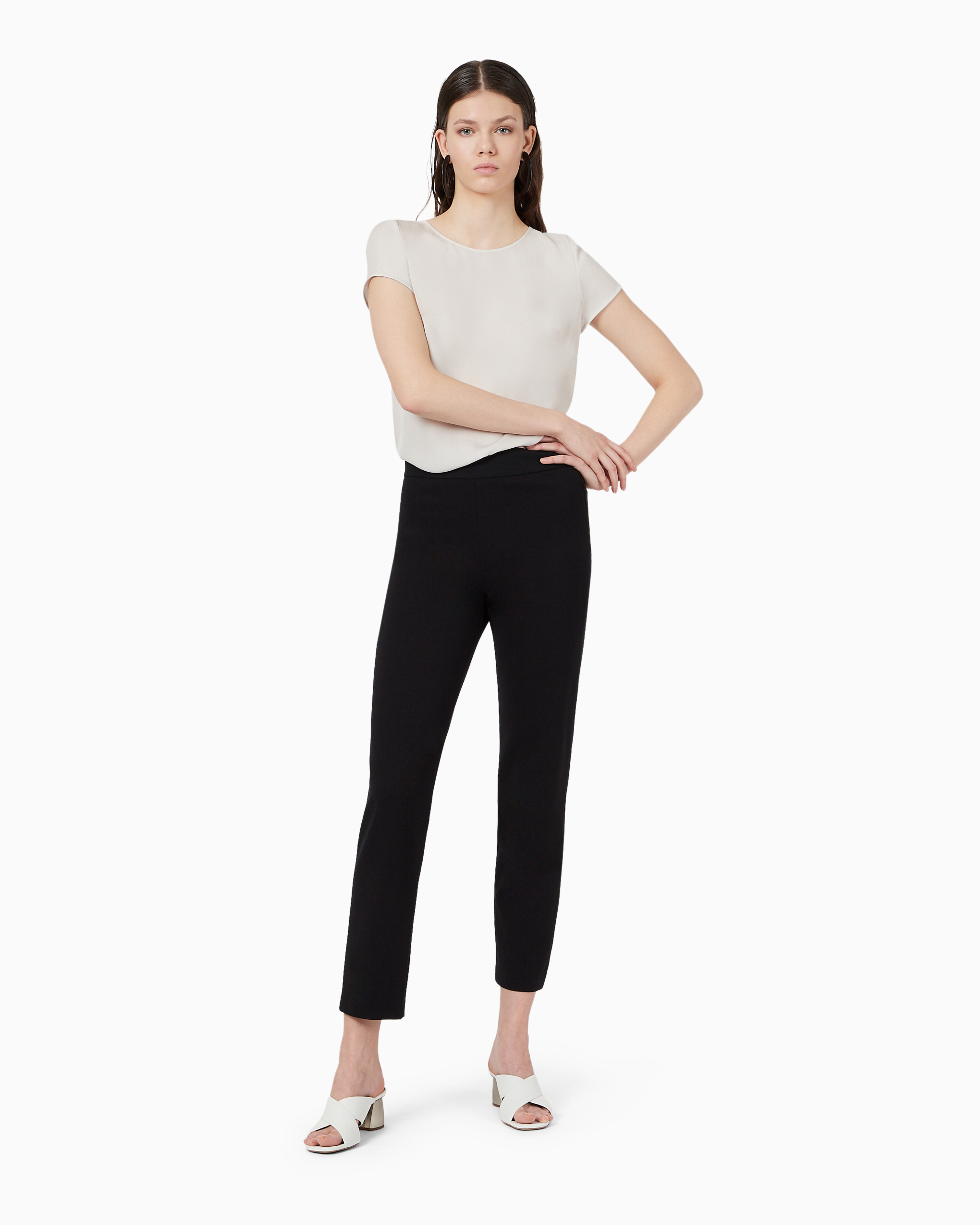 Emporio Armani Slim Fit Trousers In Milano Knit Fabric With Satin Band In Black