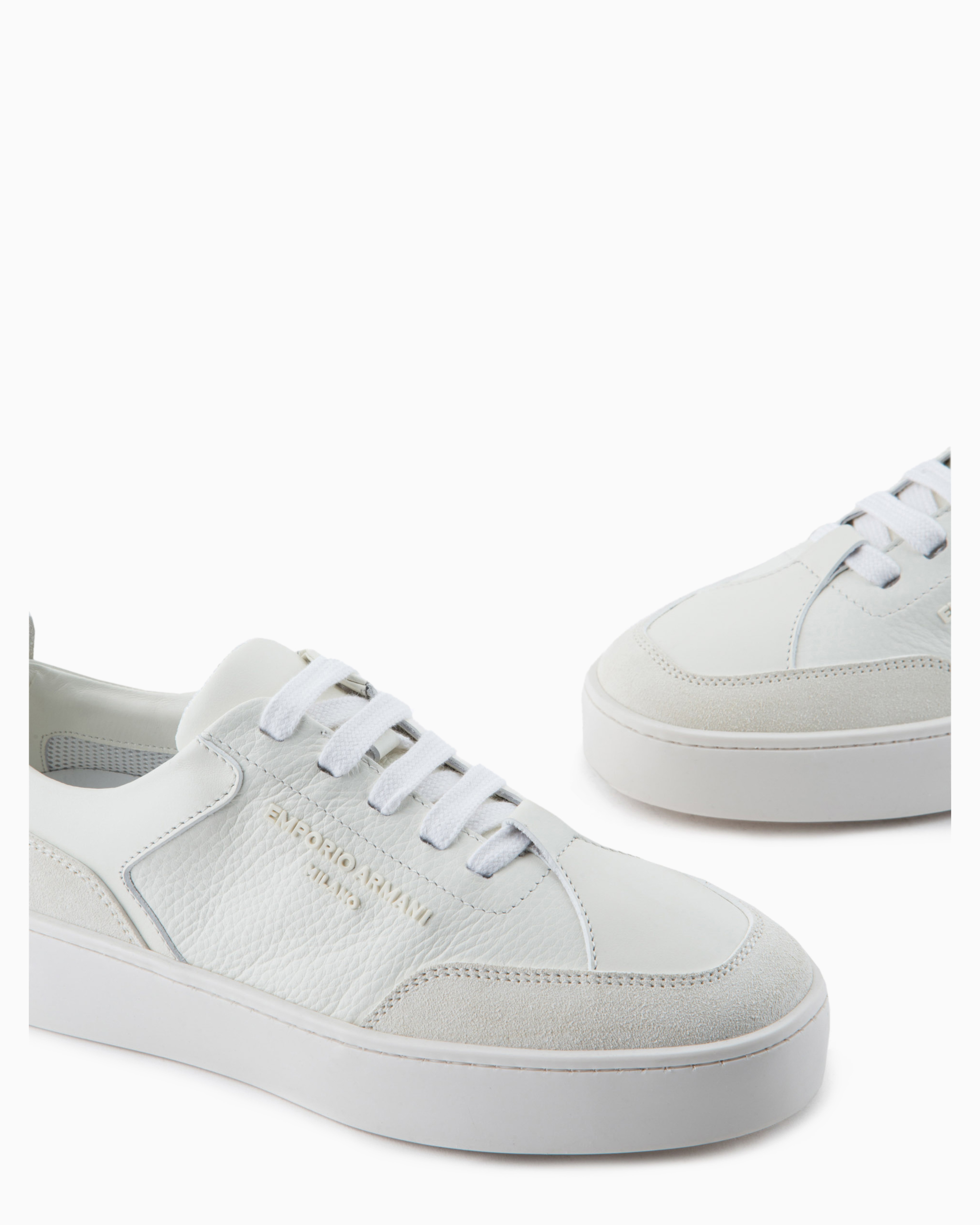 Emporio Armani Official Store Leather Sneakers With Suede Details And Embossed Logo In White