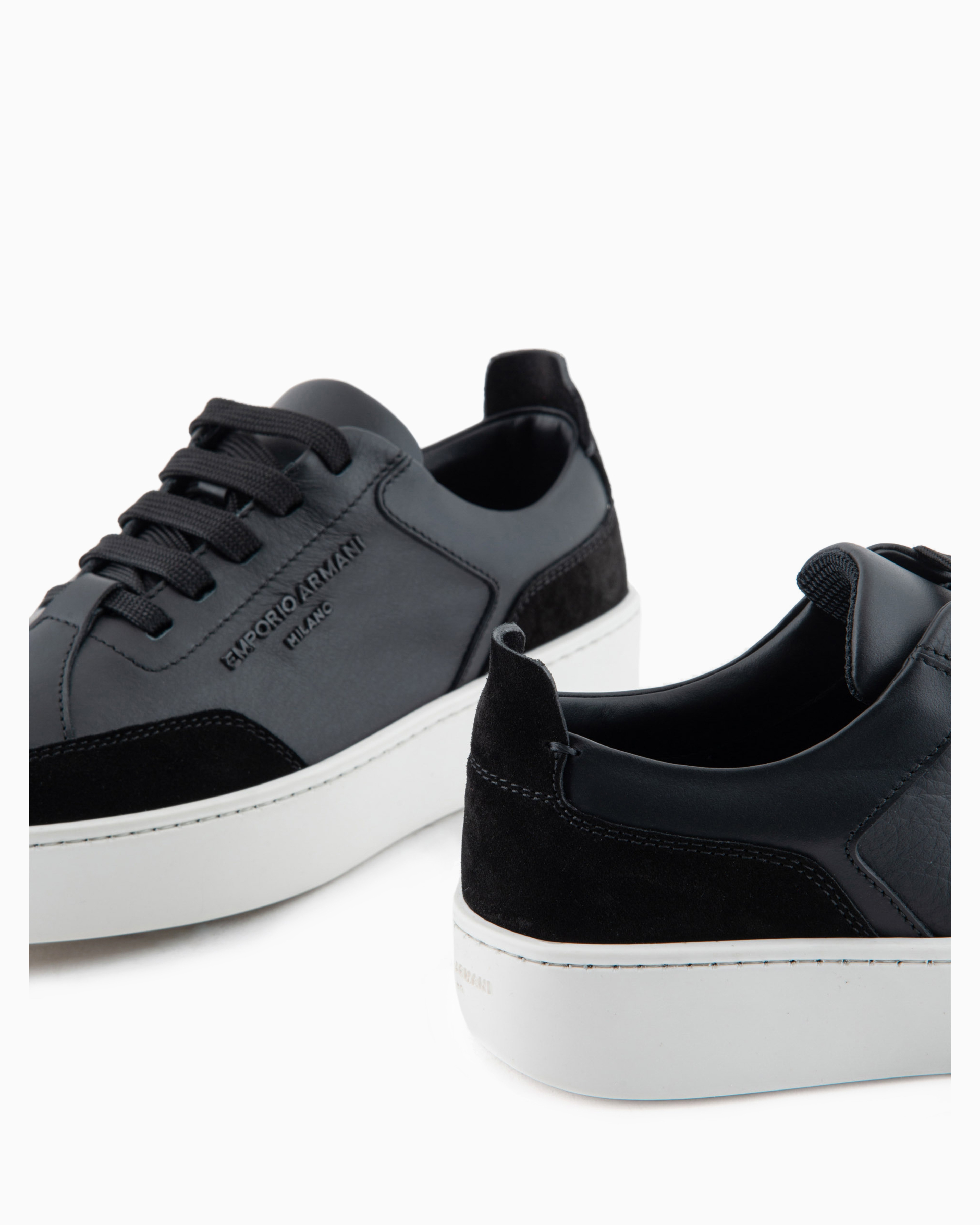 Emporio Armani Official Store Leather Sneakers With Suede Details And Embossed Logo In Black