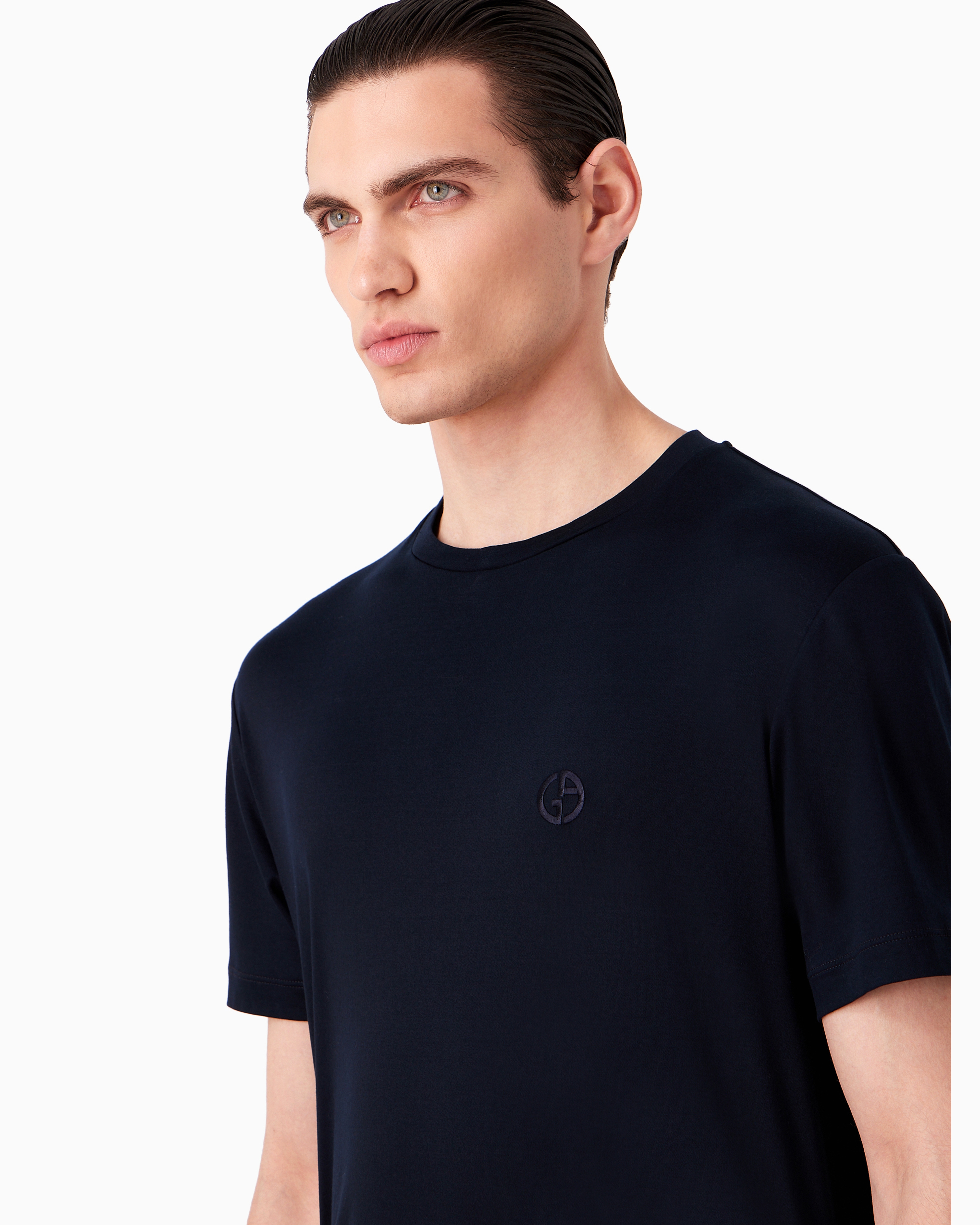 Giorgio Armani Official Store T-shirt En Interlock De Coton Avec Broderie Logo In Navy Blue