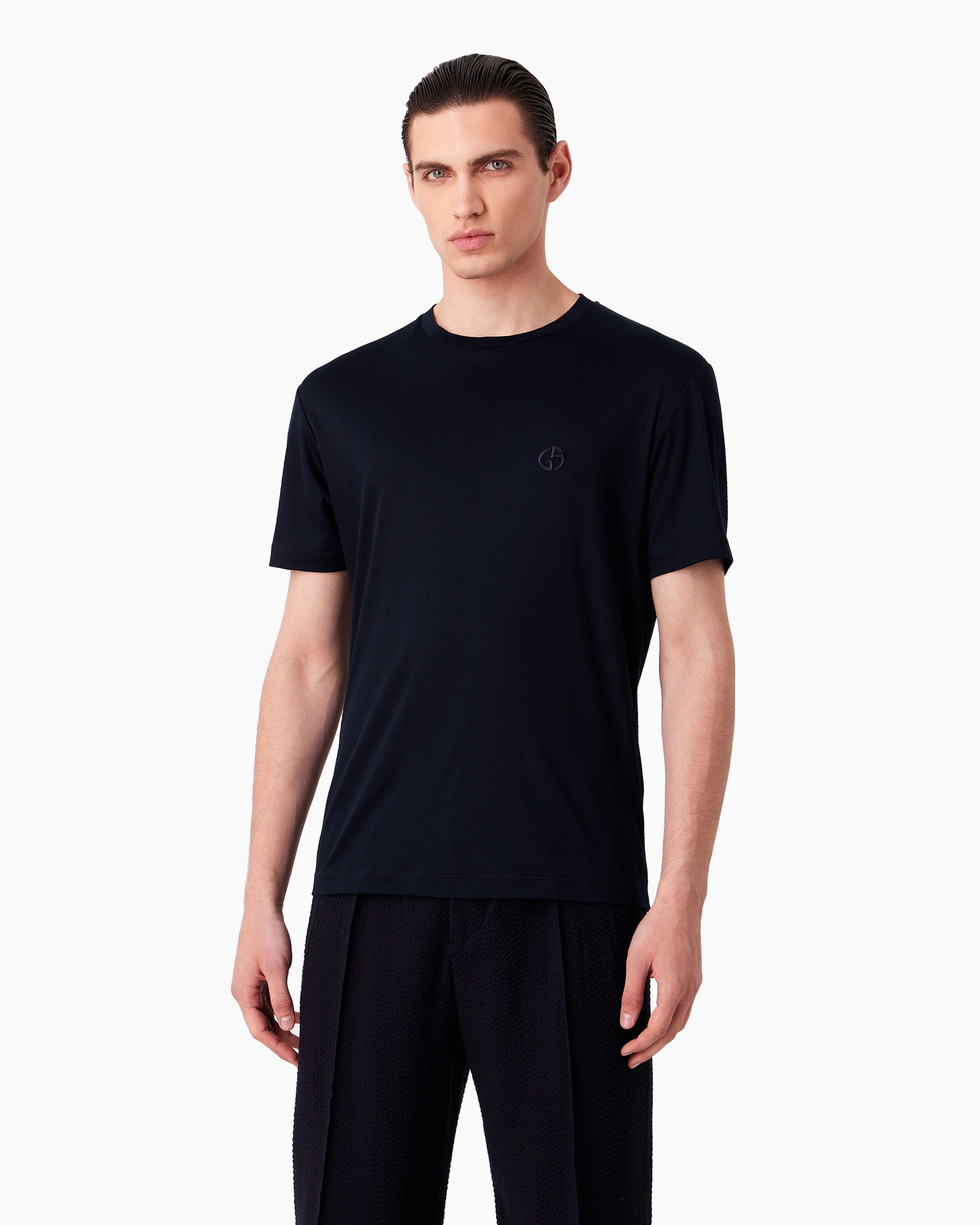 Giorgio Armani Official Store T-shirt En Interlock De Coton Avec Broderie Logo In Navy Blue