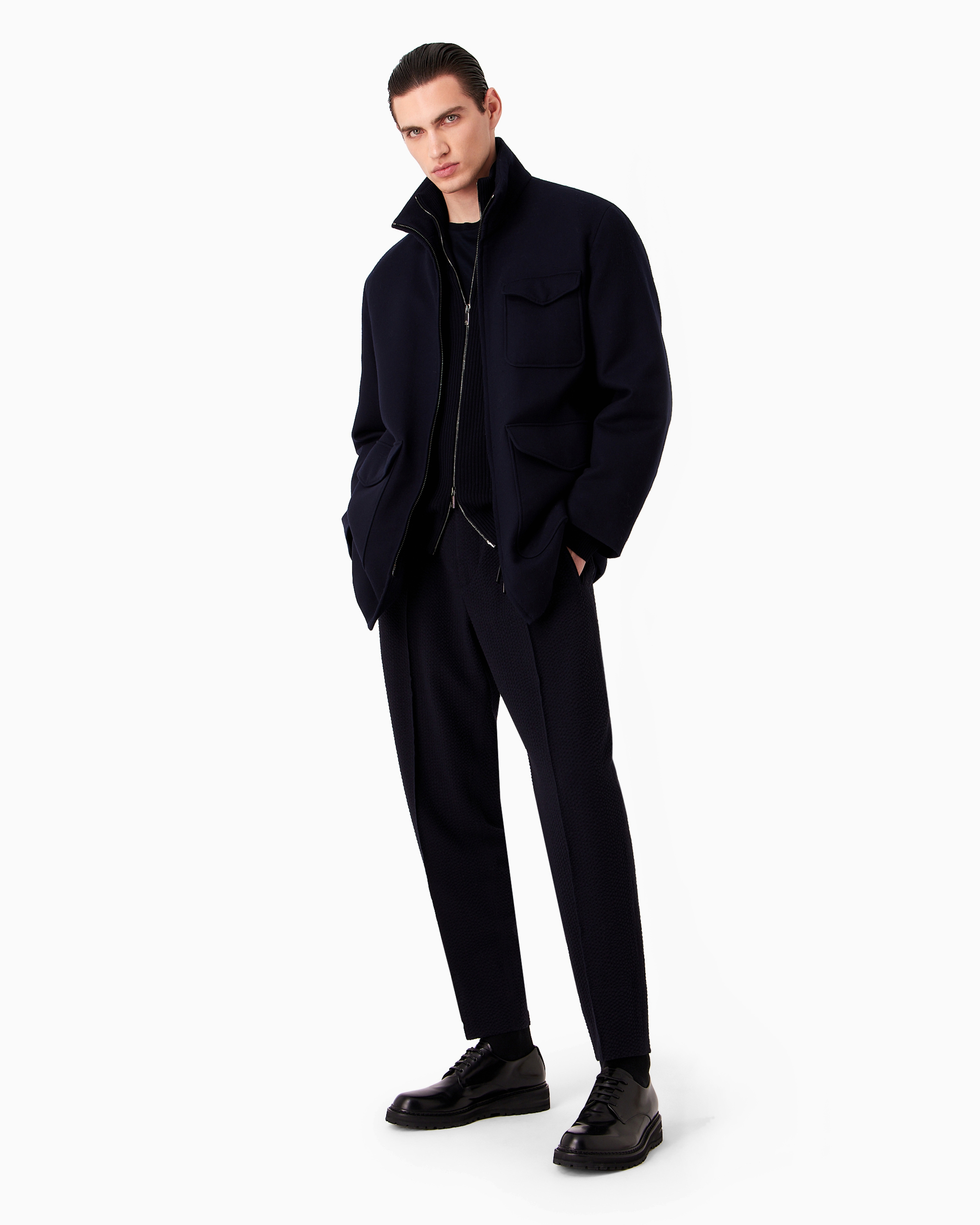 Giorgio Armani Official Store T-shirt En Interlock De Coton Avec Broderie Logo In Navy Blue