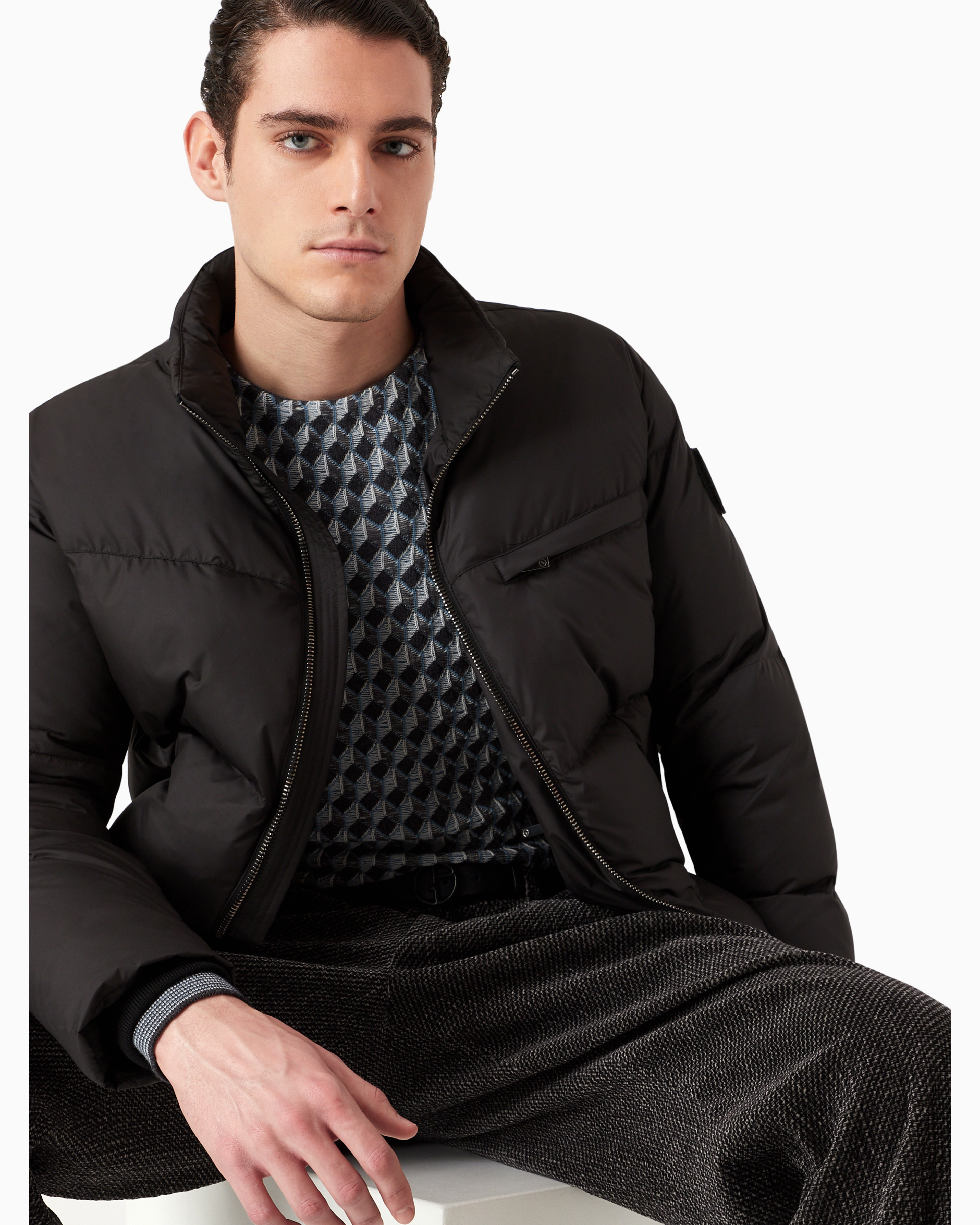 Giorgio Armani Official Store Bomber Jacket With Goose-down Padding Armani Sustainability Values In Black
