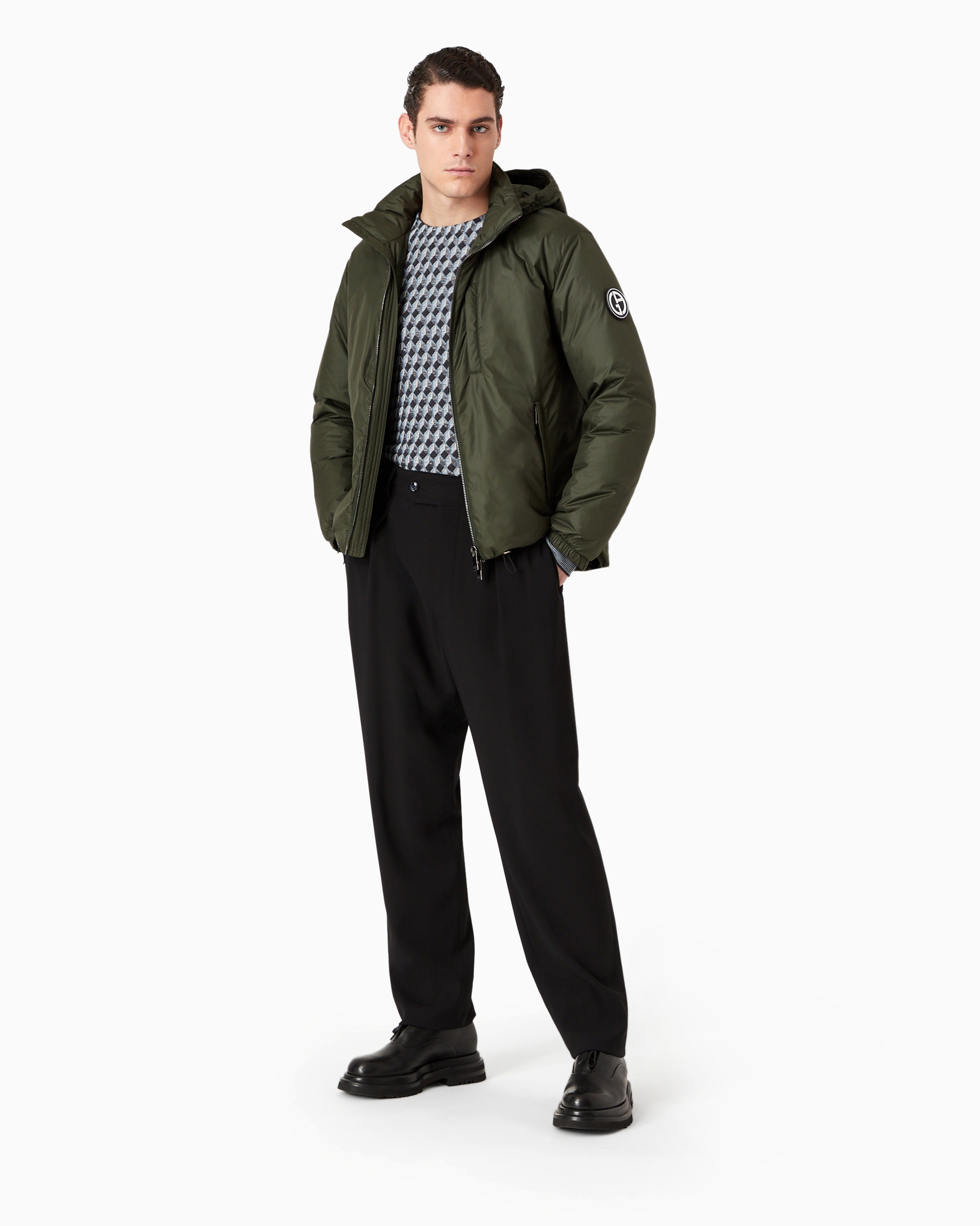 Giorgio Armani Official Store Hooded Blouson With Goose-down Padding Armani Sustainability Values In Military Green