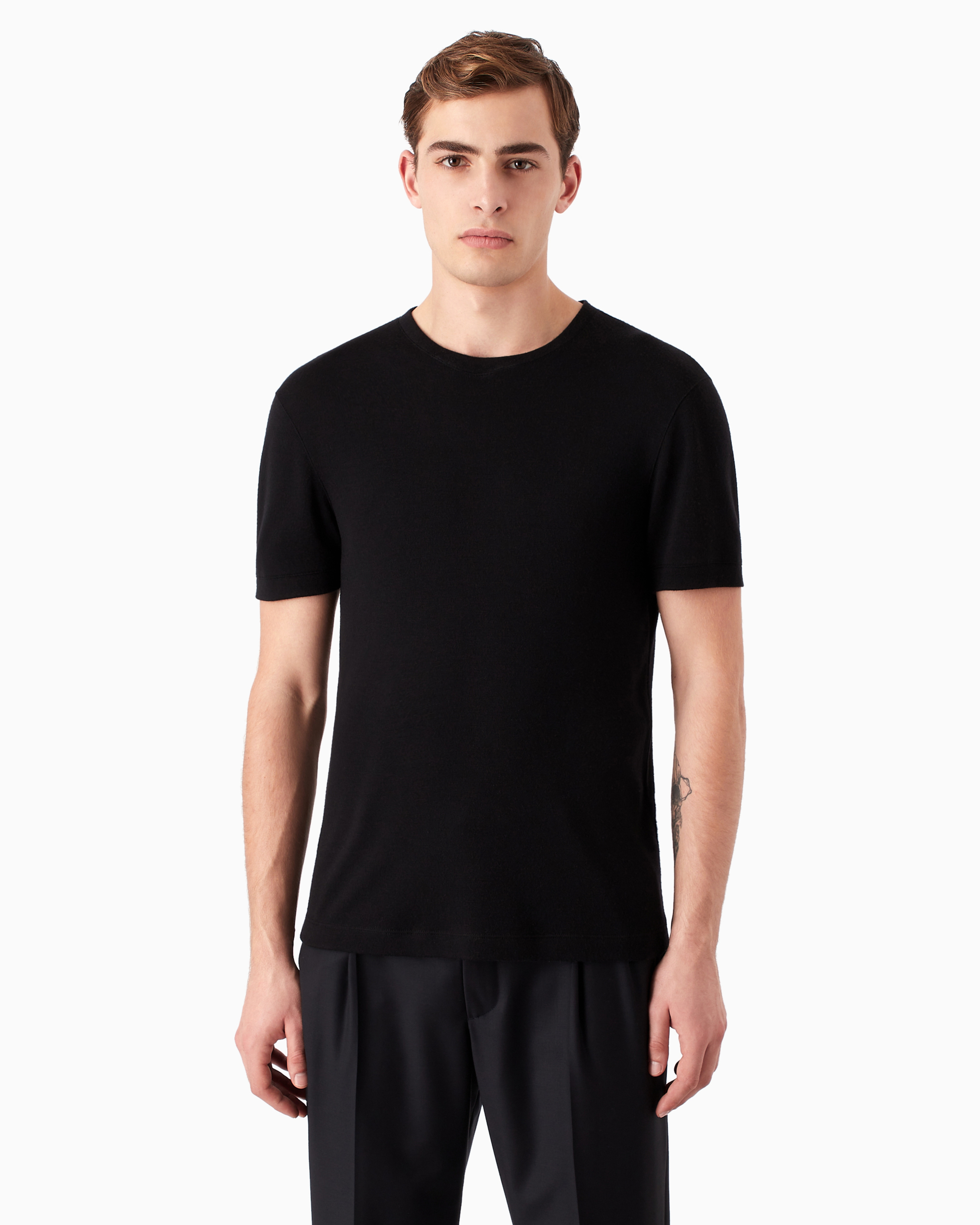Giorgio Armani Icon Crew-neck, Short-sleeved Jumper In Cashmere Interlock In Black