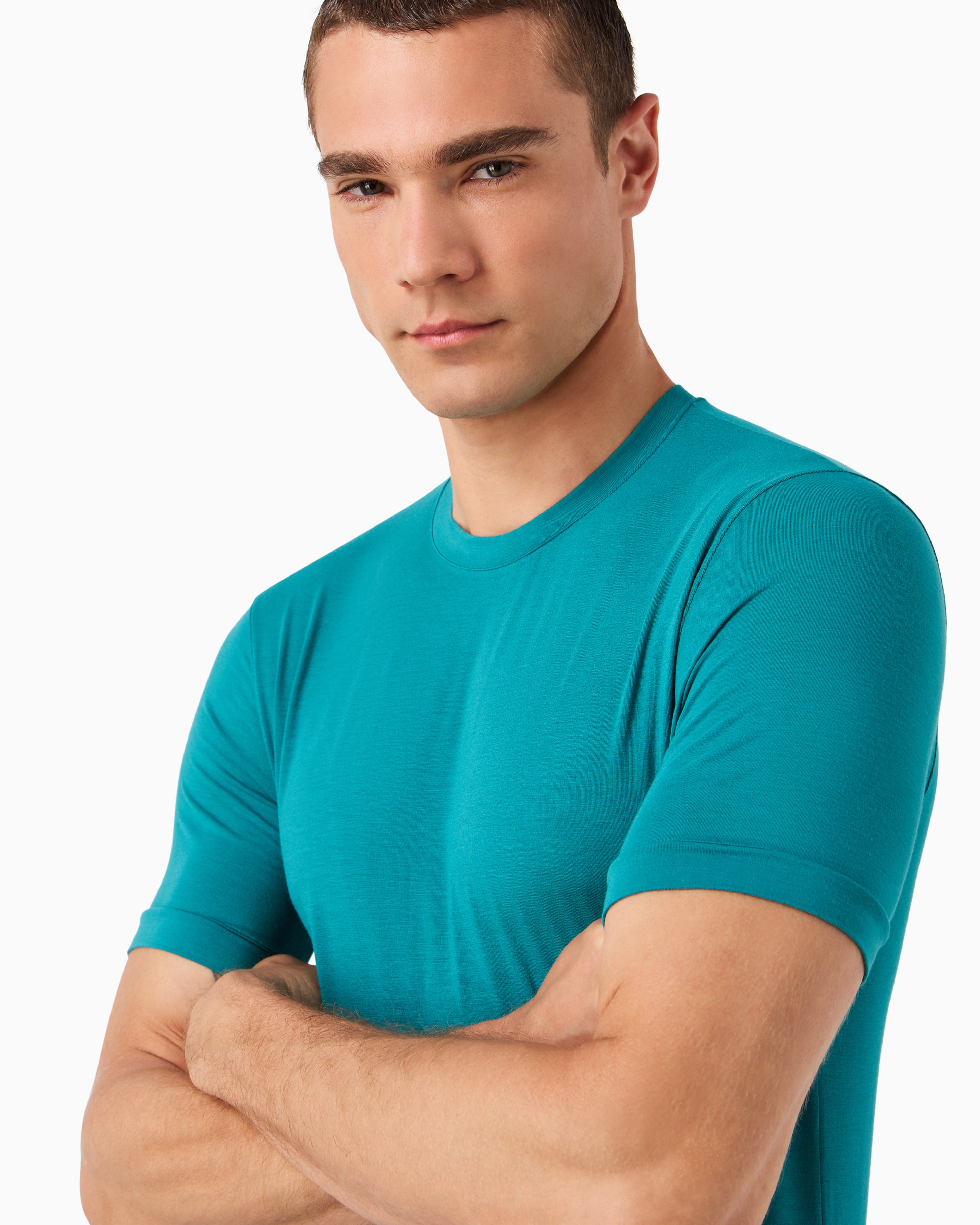 Shop Giorgio Armani Crew-neck Long-sleeved T-shirt In Stretch Viscose Jersey In Green