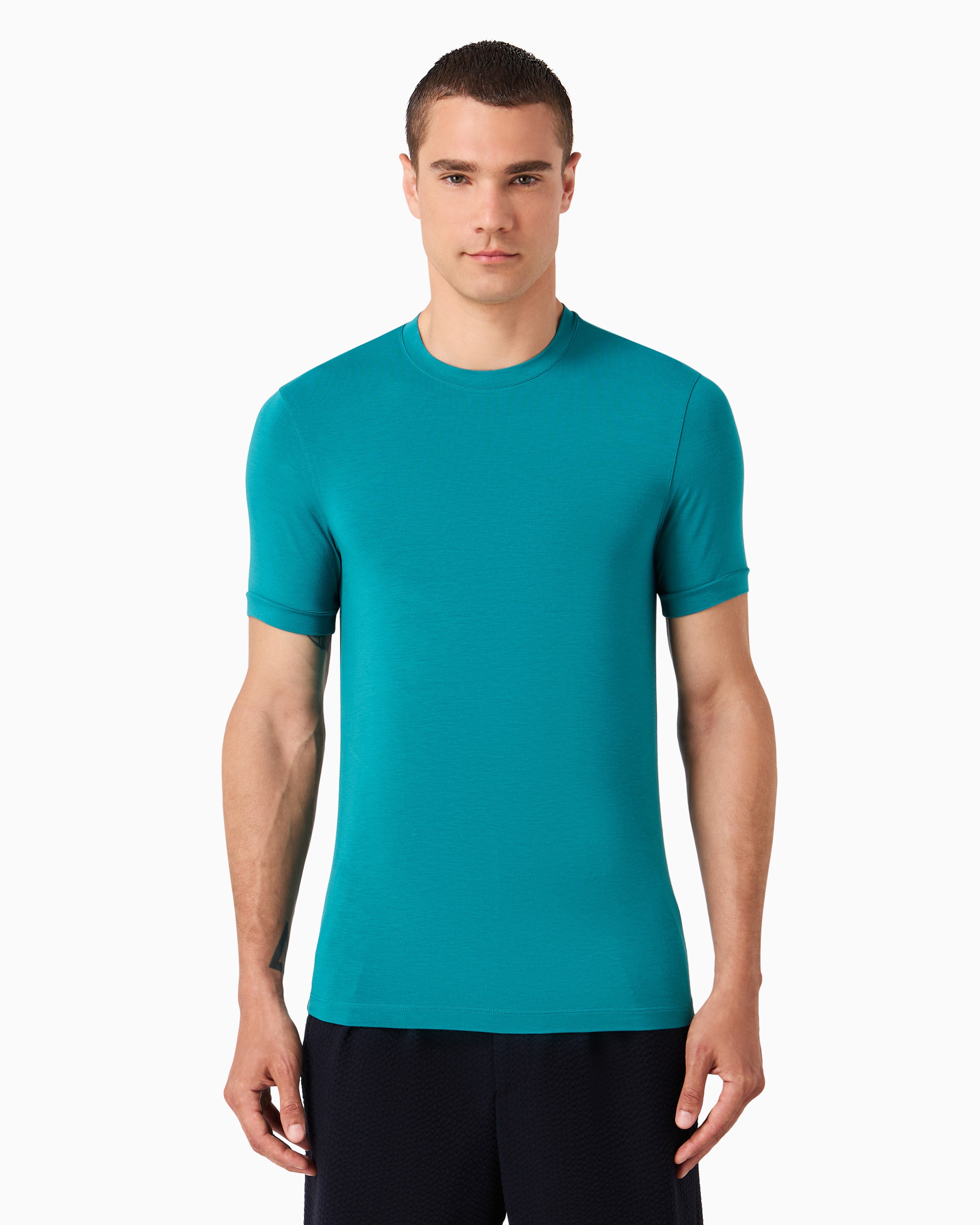 Shop Giorgio Armani Crew-neck Long-sleeved T-shirt In Stretch Viscose Jersey In Green