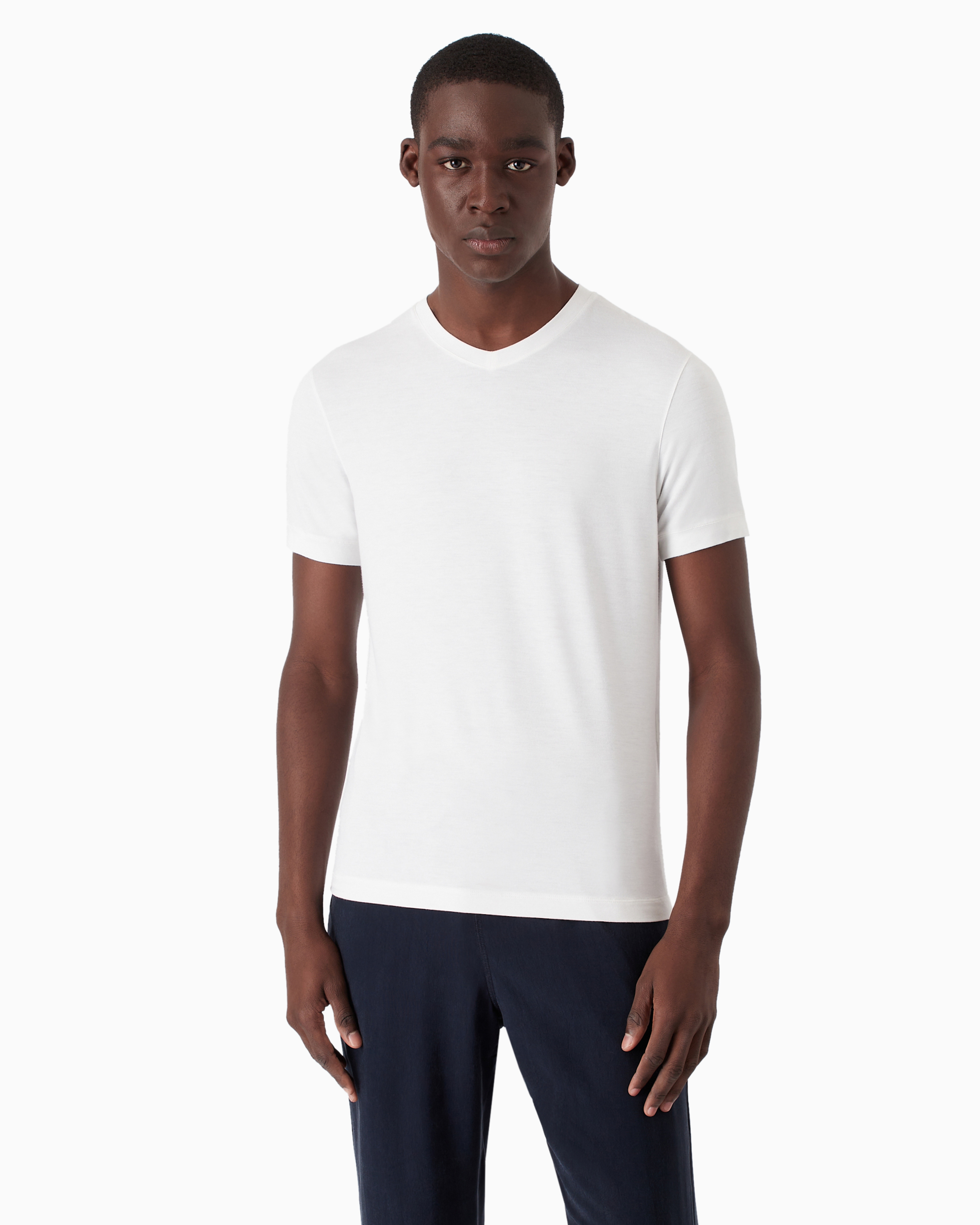 Shop Giorgio Armani Stretch Viscose Jersey, V-neck Icon T-shirt In White