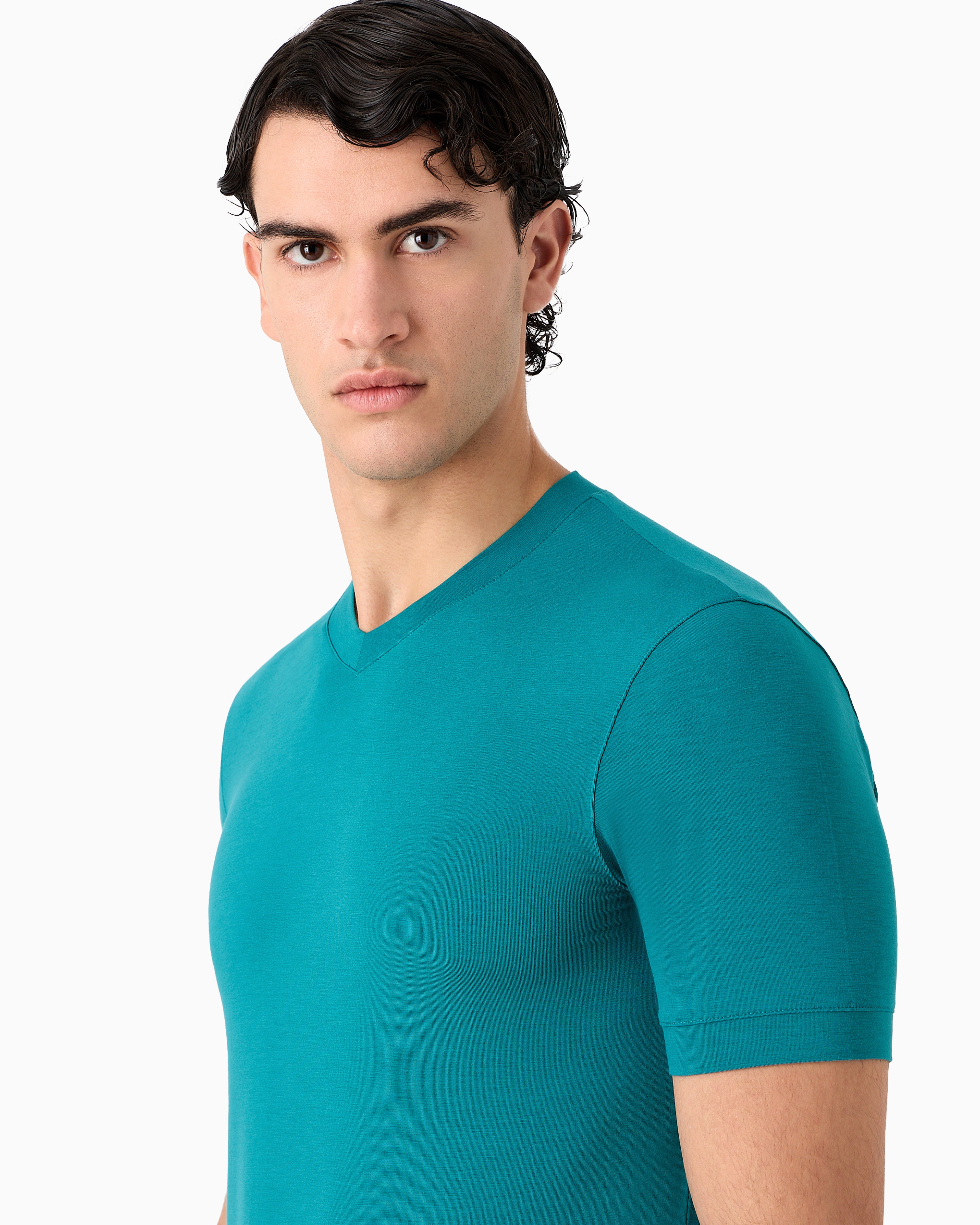 Giorgio Armani Stretch Viscose Jersey, V-neck Icon T-shirt In Green