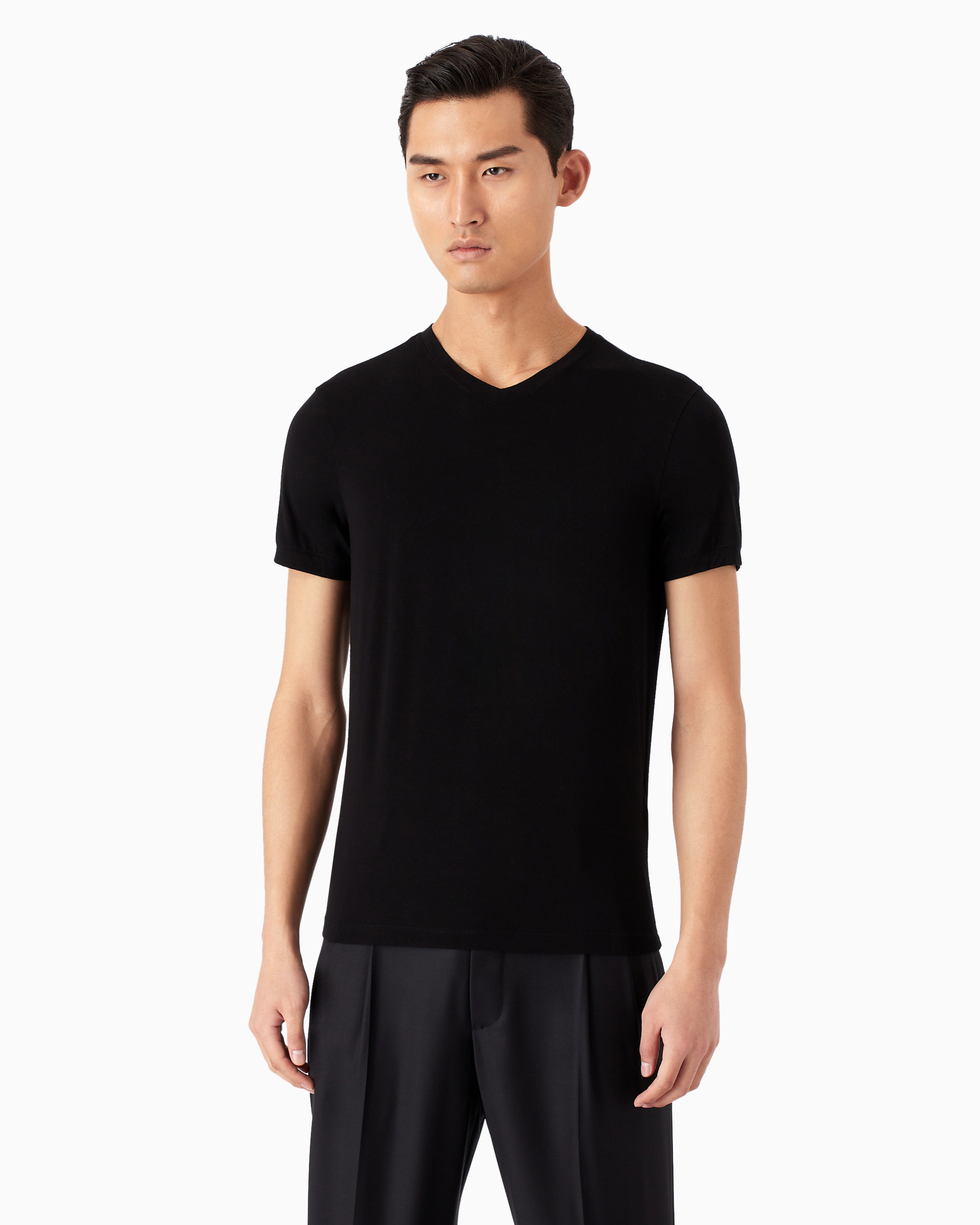 Giorgio Armani Official Store V-neck T-shirt Icon In Stretch Viscose Jersey In Black
