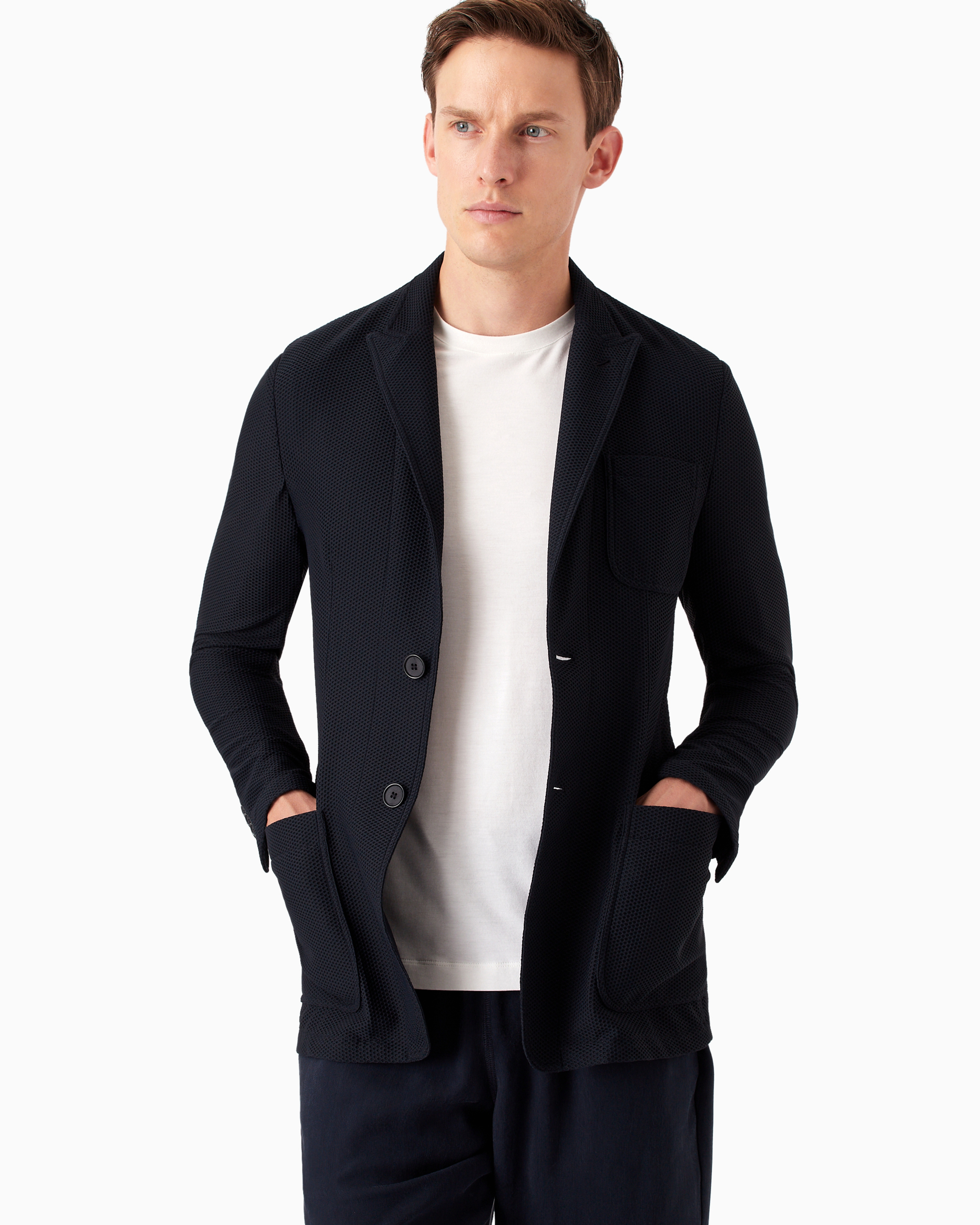 Giorgio Armani Official Store Icon Single-breasted Jacket In Technical Waffle Fabric In Navy Blue