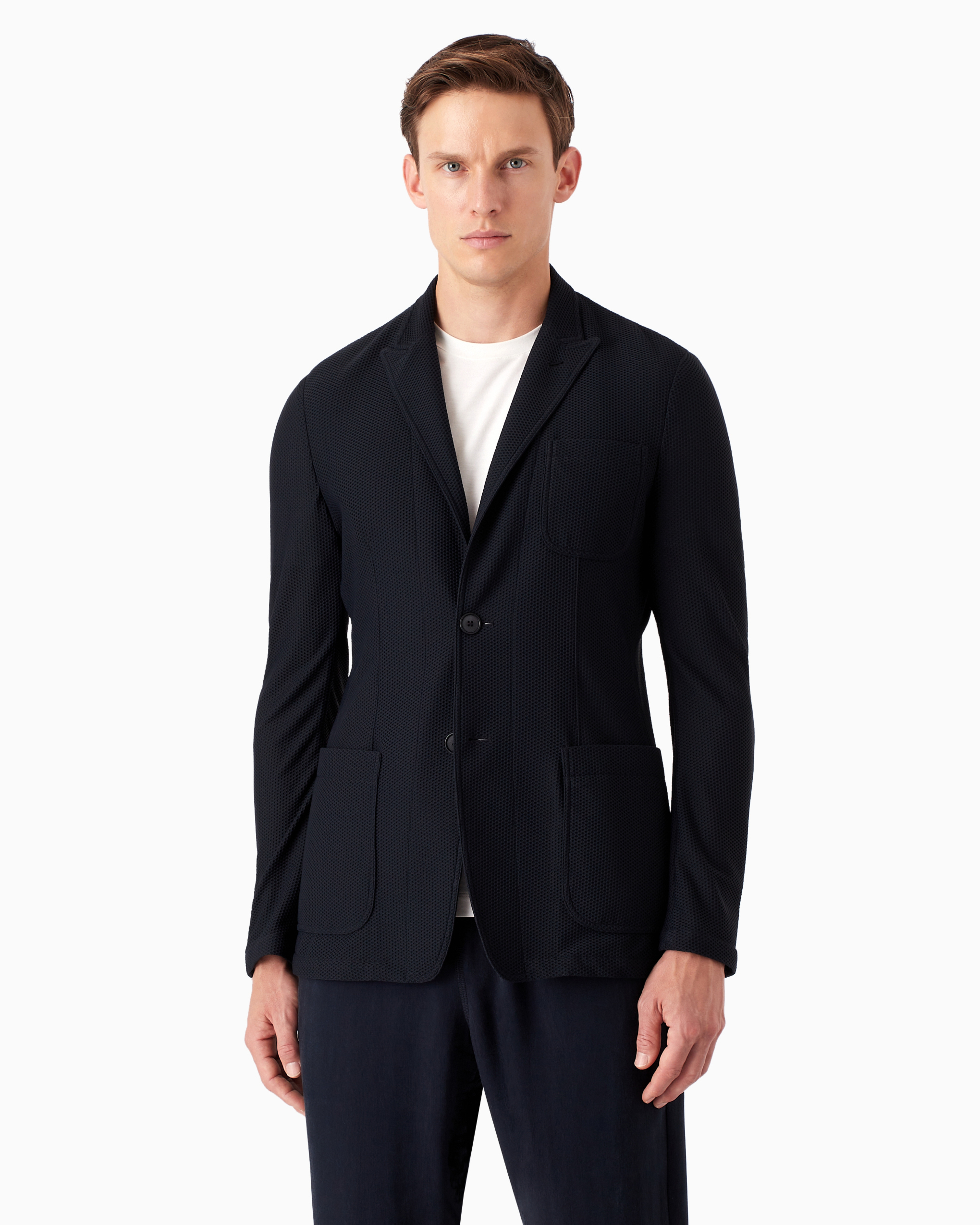 Giorgio Armani Official Store Icon Single-breasted Jacket In Technical Waffle Fabric In Navy Blue