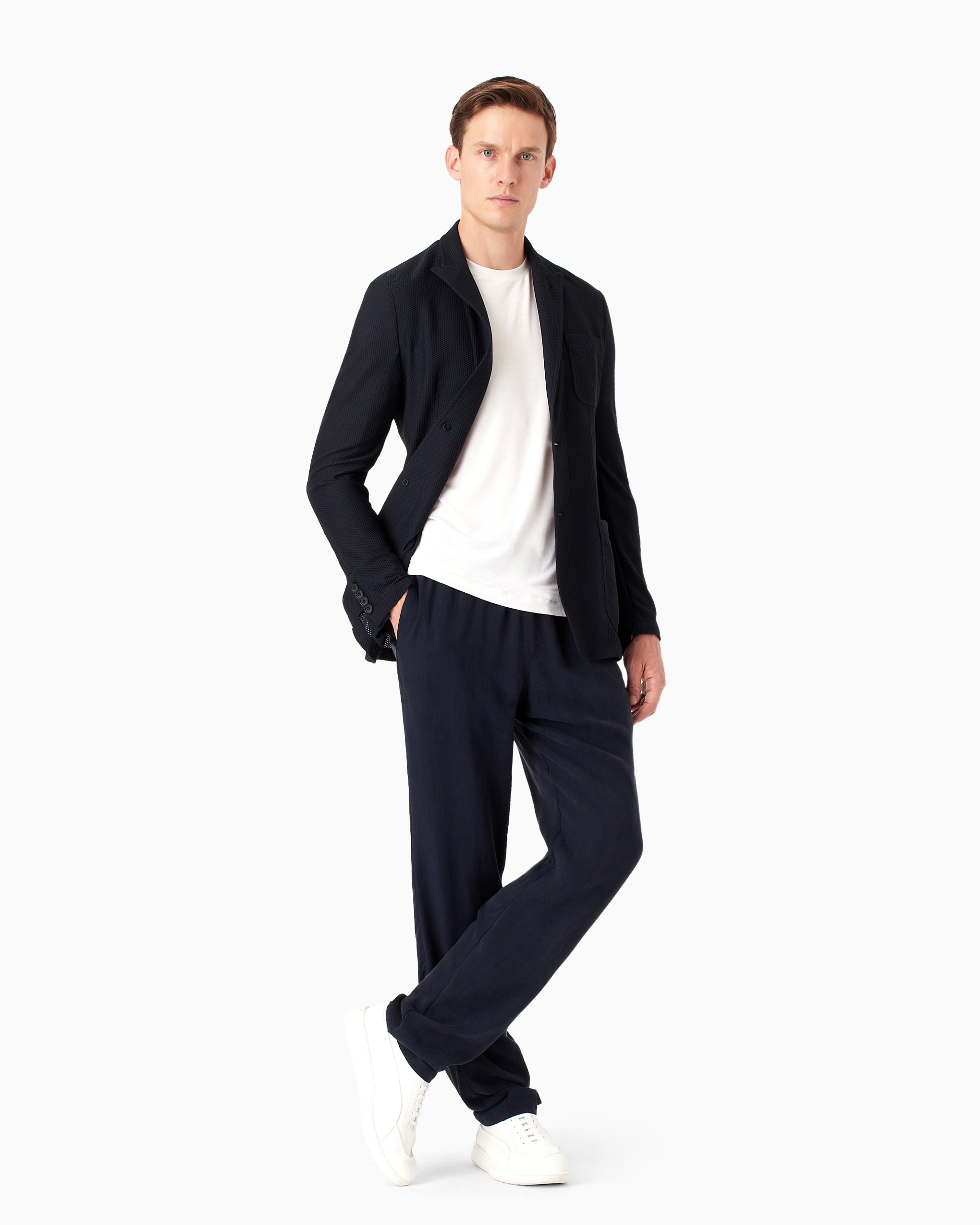Giorgio Armani Official Store Icon Single-breasted Jacket In Technical Waffle Fabric In Navy Blue