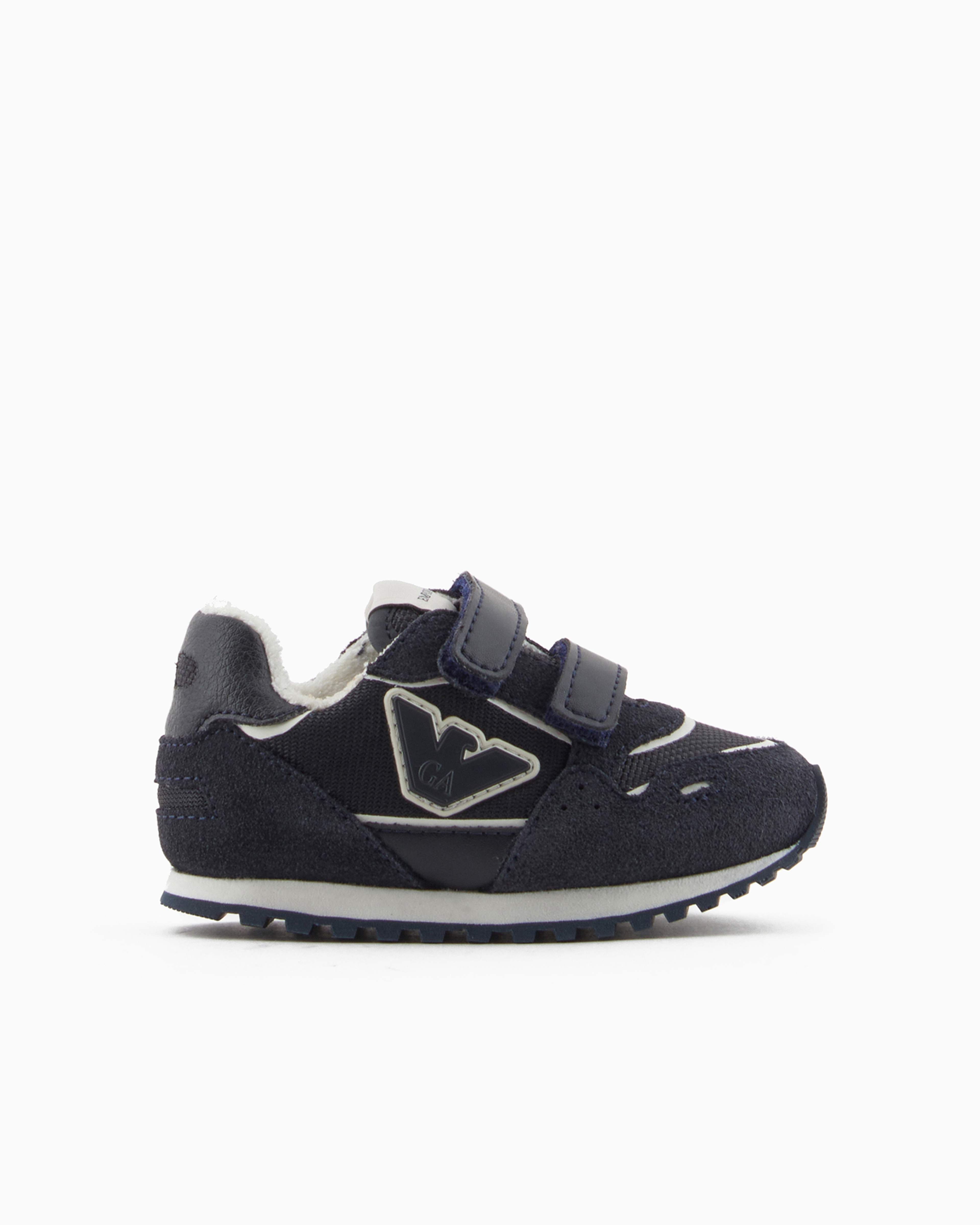 Emporio Armani Official Store Suede And Mesh Sneakers With Eagle And Velcro In Navy Blue