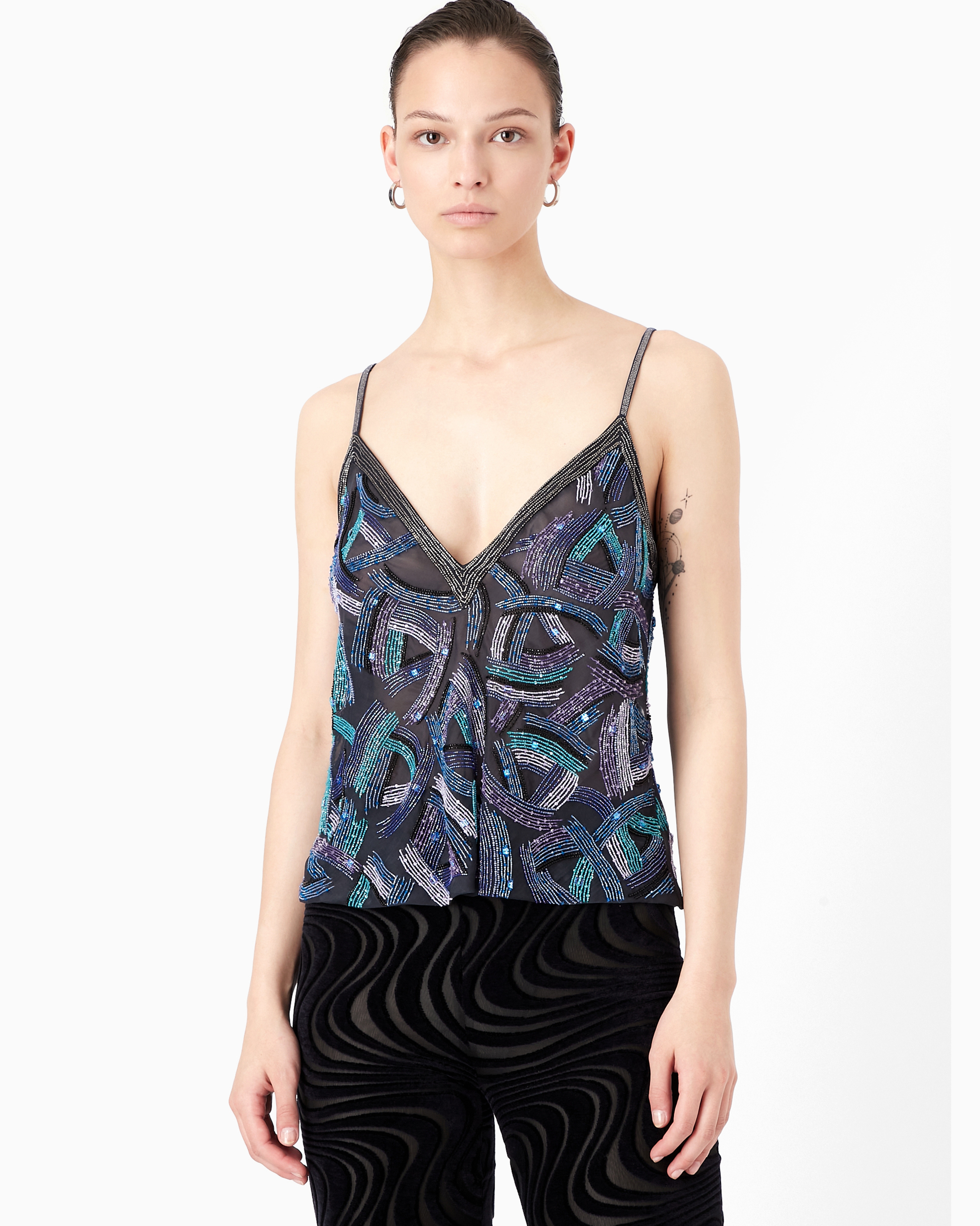 Giorgio Armani Embroidered Silk Organza V-neck Top In Blue