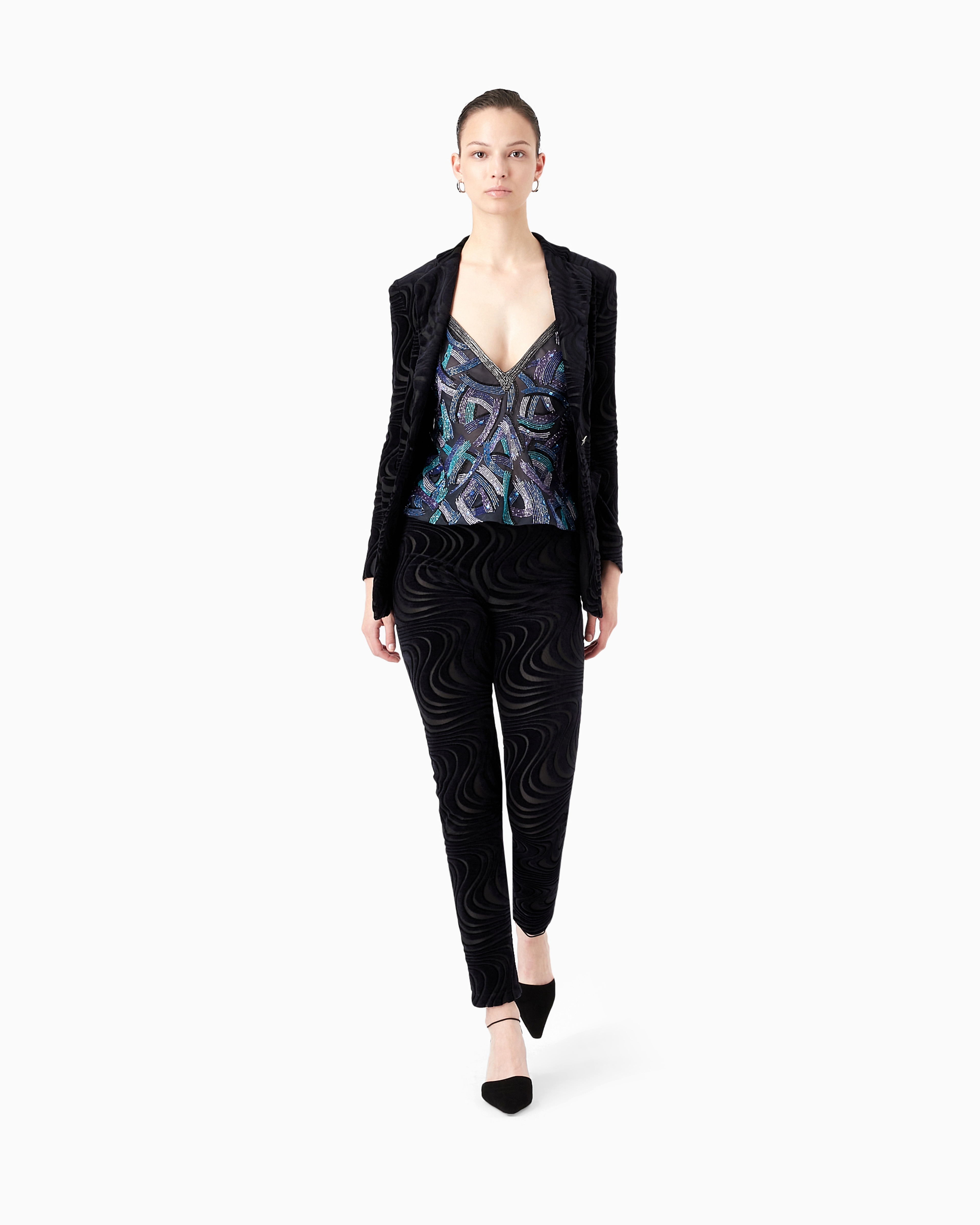 Giorgio Armani Embroidered Silk Organza V-neck Top In Blue