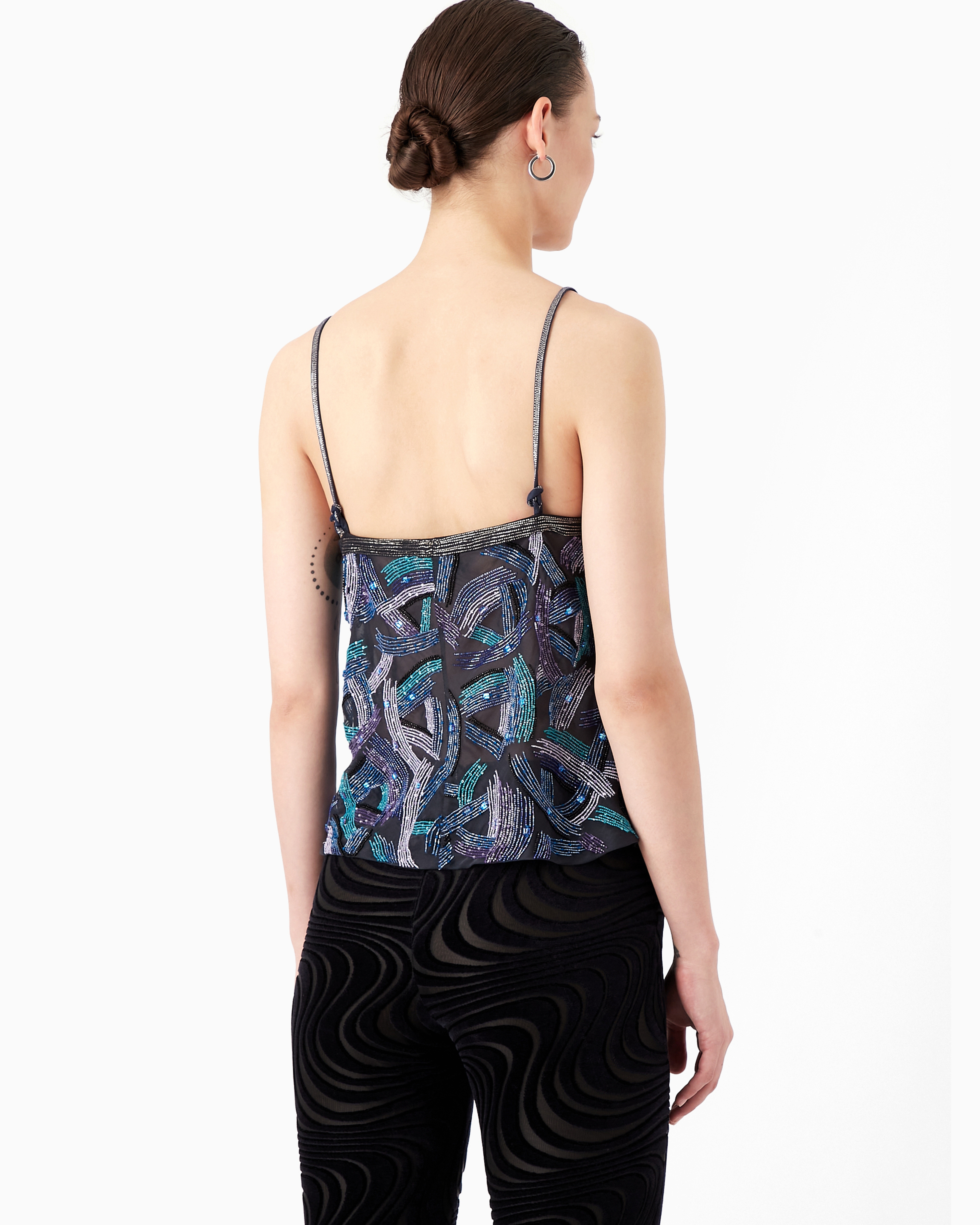 Giorgio Armani Embroidered Silk Organza V-neck Top In Blue