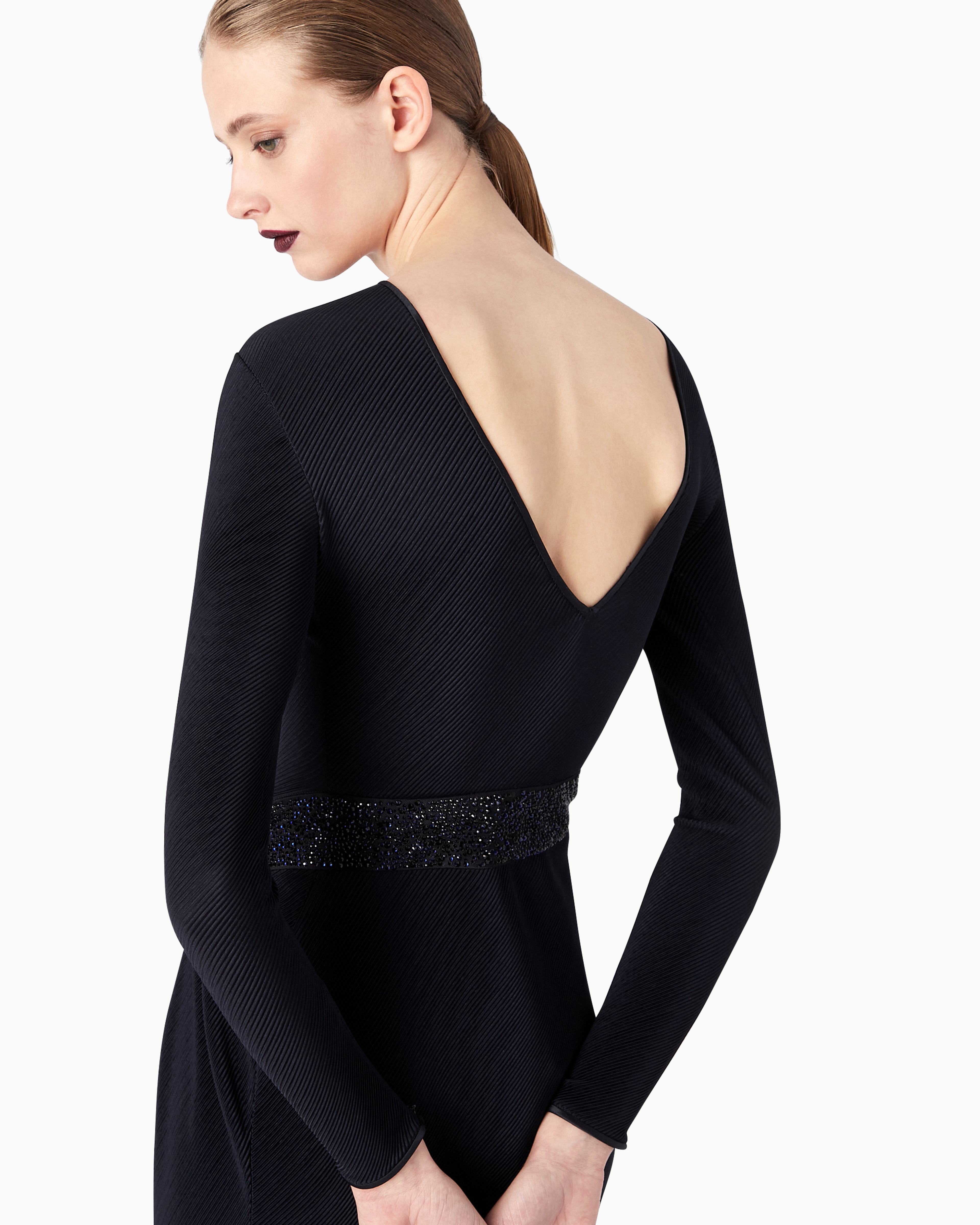 Giorgio Armani Official Store Long Dress In Pleated Stretch Jersey In Midnight Blue