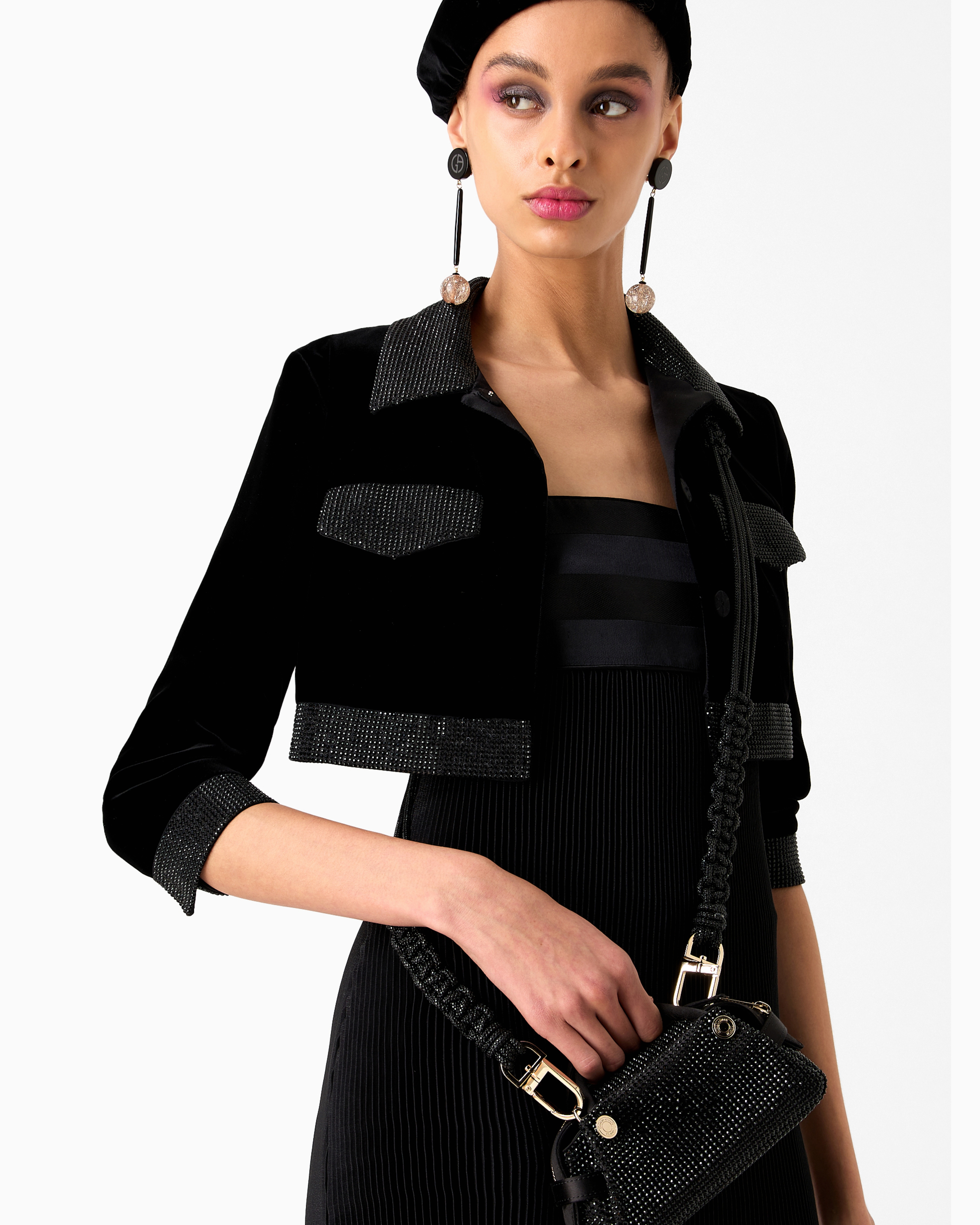 Giorgio Armani Official Store Long Rhinestone Strap With A Woven Motif In Black