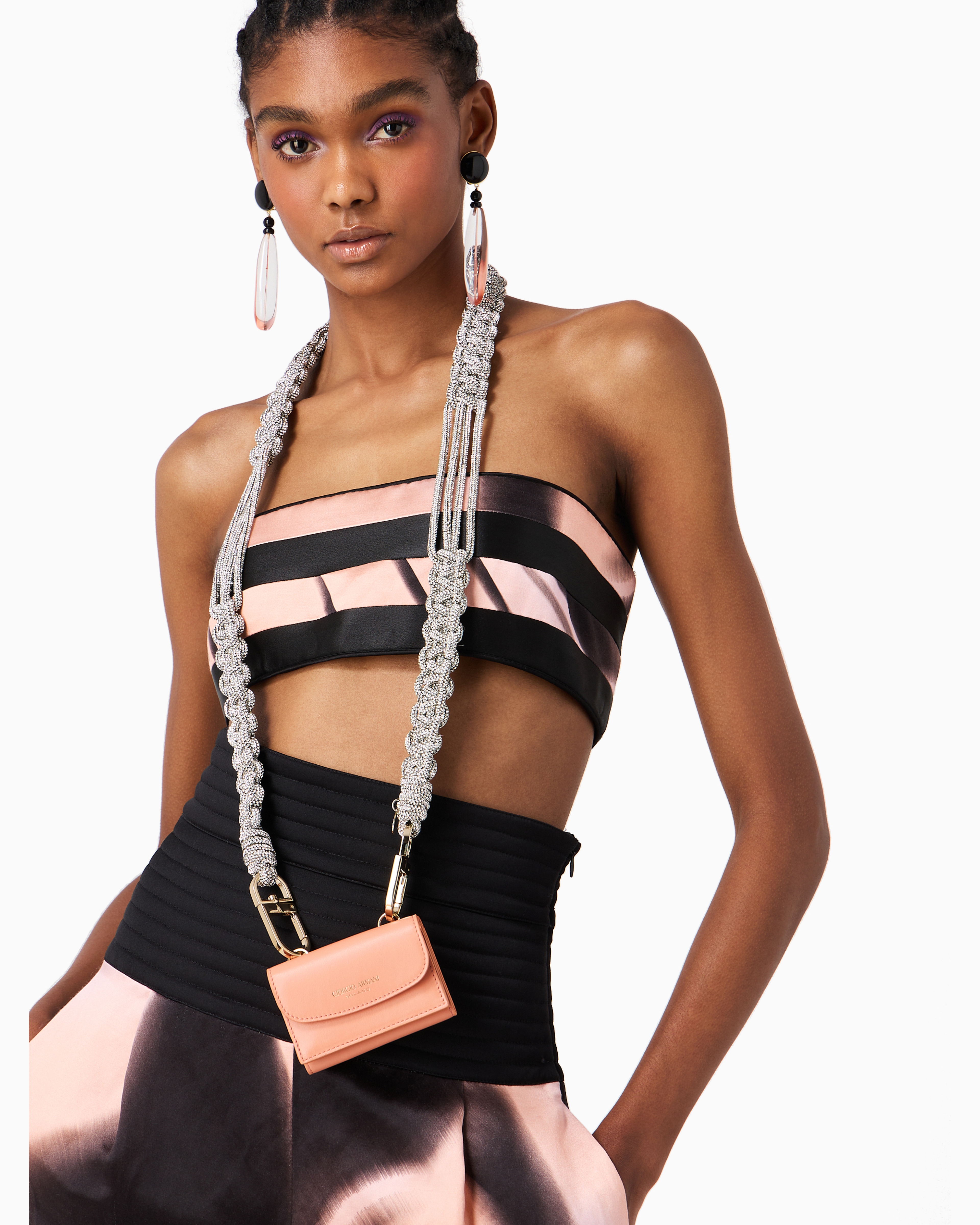 Giorgio Armani Official Store Long Rhinestone Strap With A Woven Motif In Silver