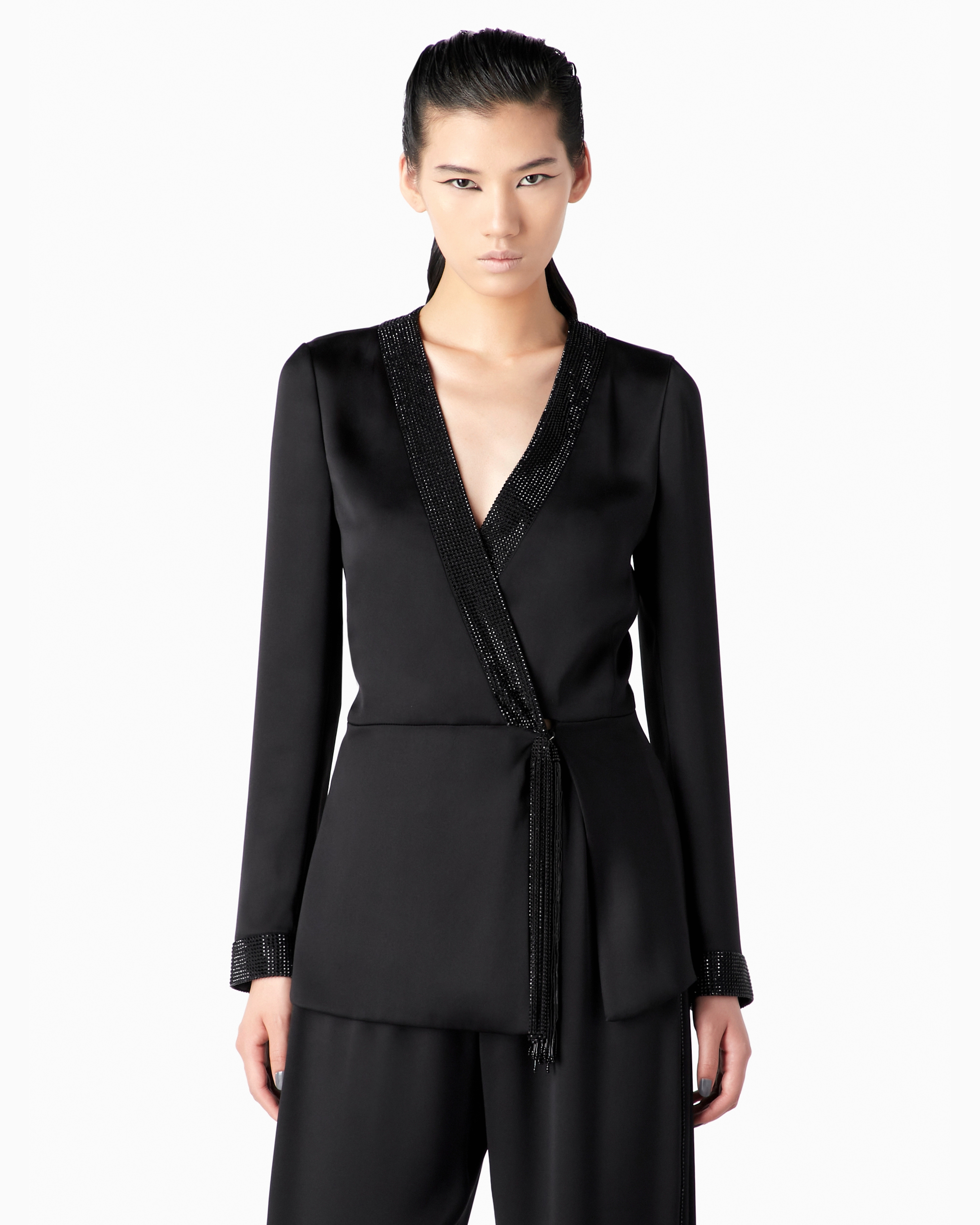 Long satin jacket with rhinestone and crystal trim | Giorgio