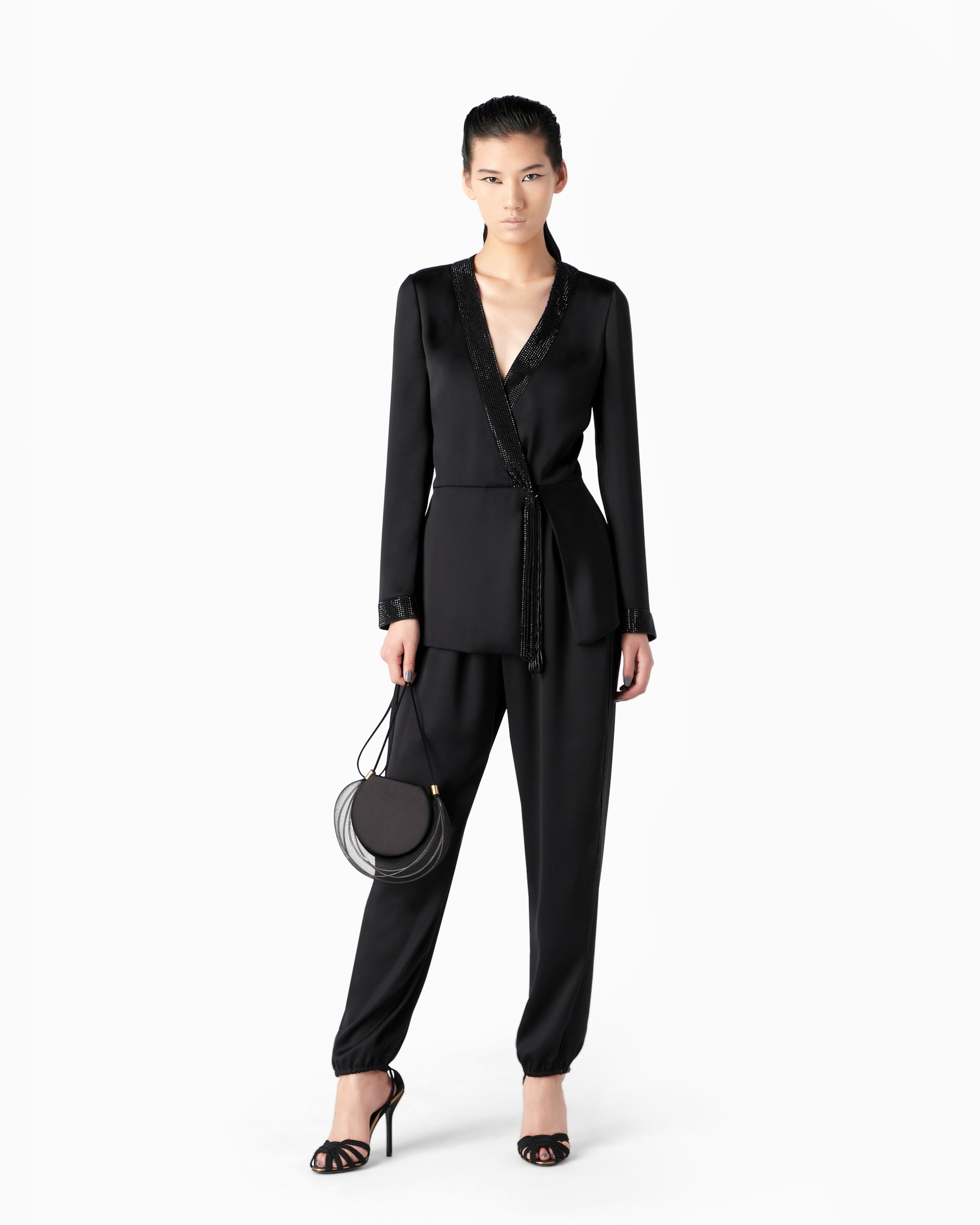 Long satin jacket with rhinestone and crystal trim | Giorgio