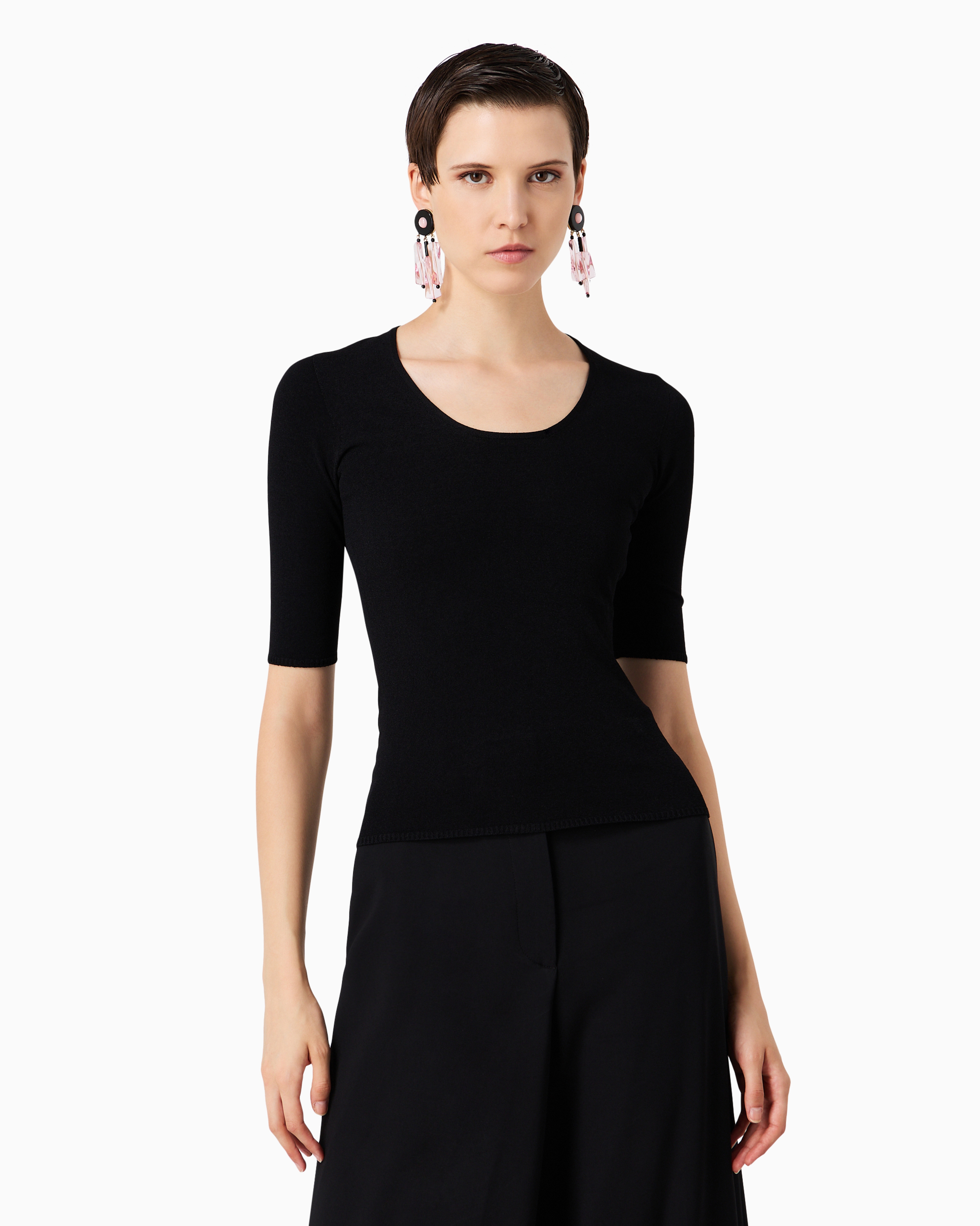 Shop Giorgio Armani Viscose And Wool Blend Jacquard Crew-neck Jumper In Black