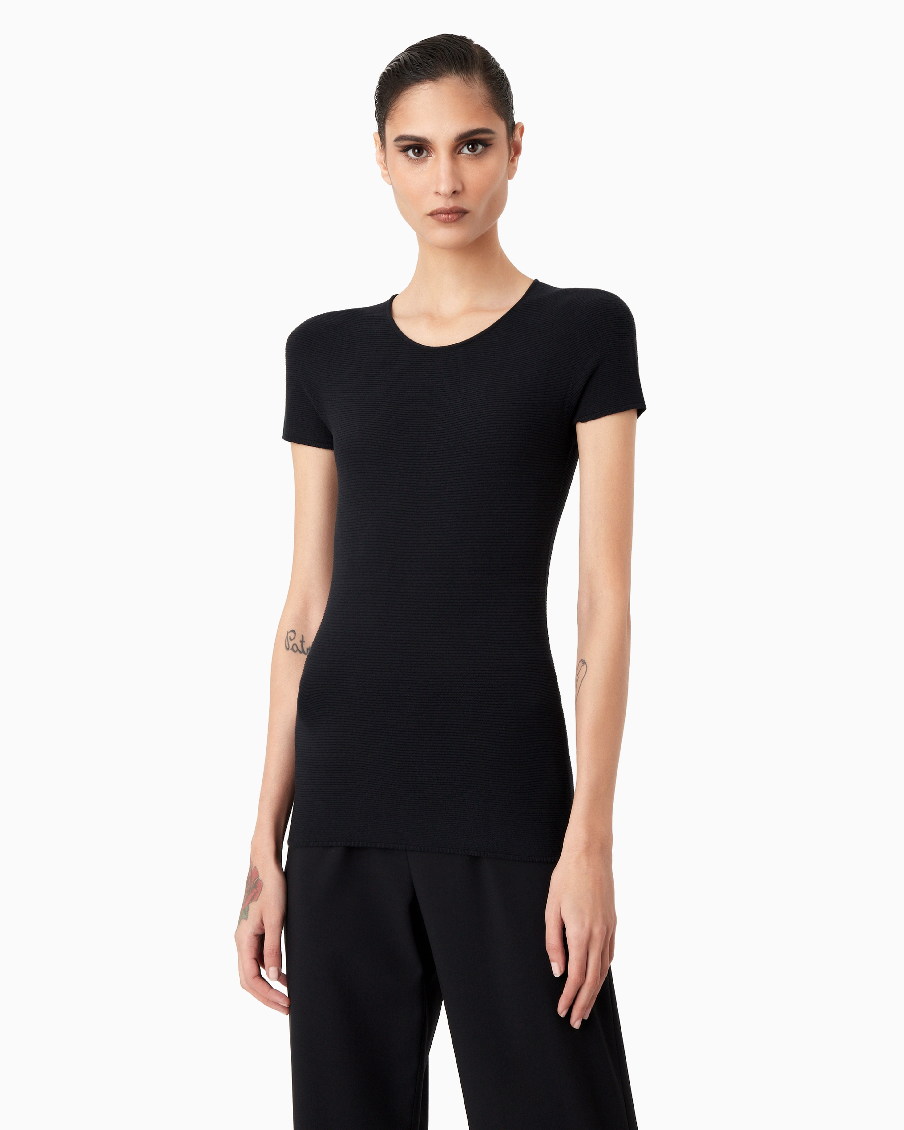 Giorgio Armani Links-stitch Viscose Short-sleeved Jumper In Navy Blue