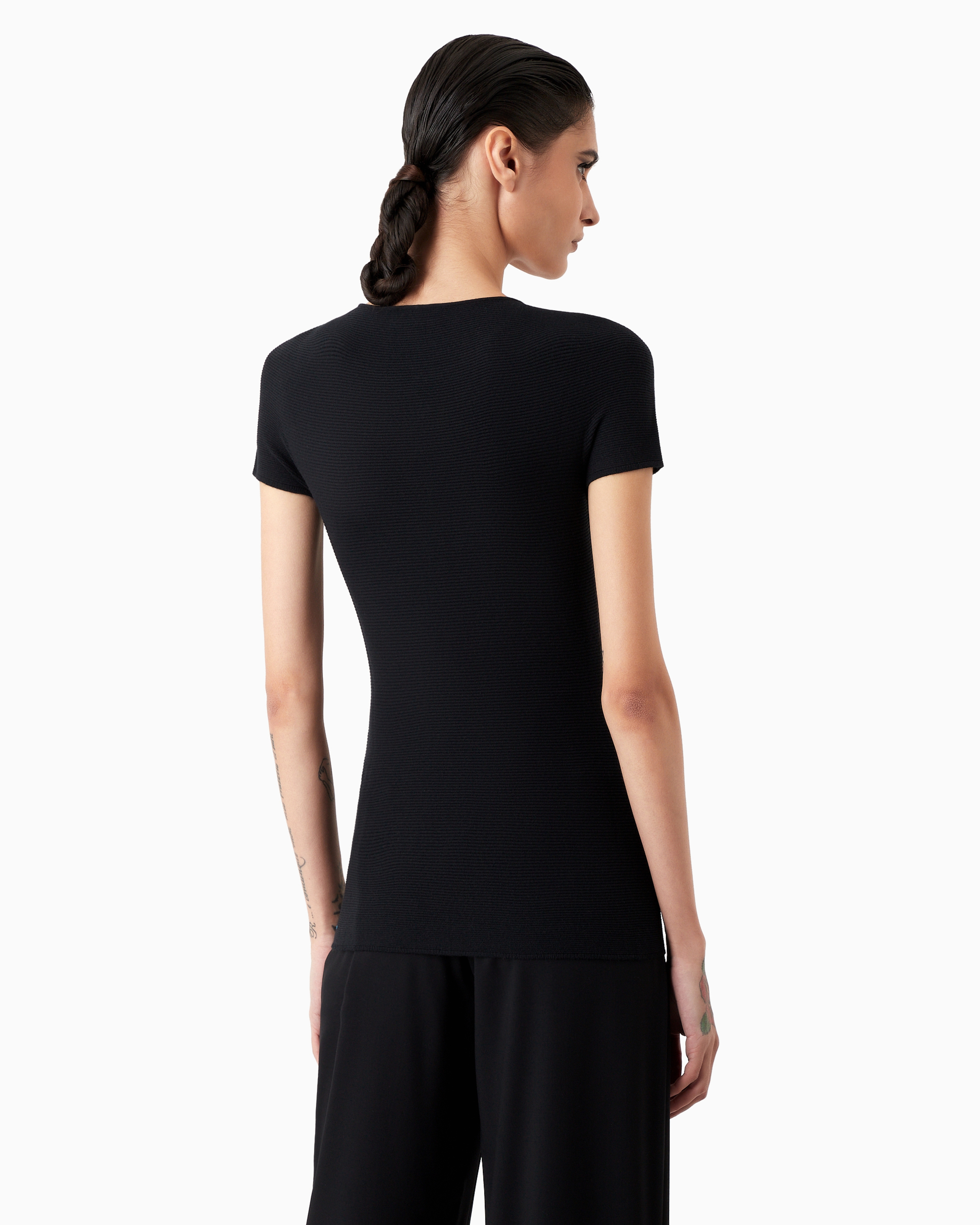 Giorgio Armani Links-stitch Viscose Short-sleeved Jumper In Navy Blue
