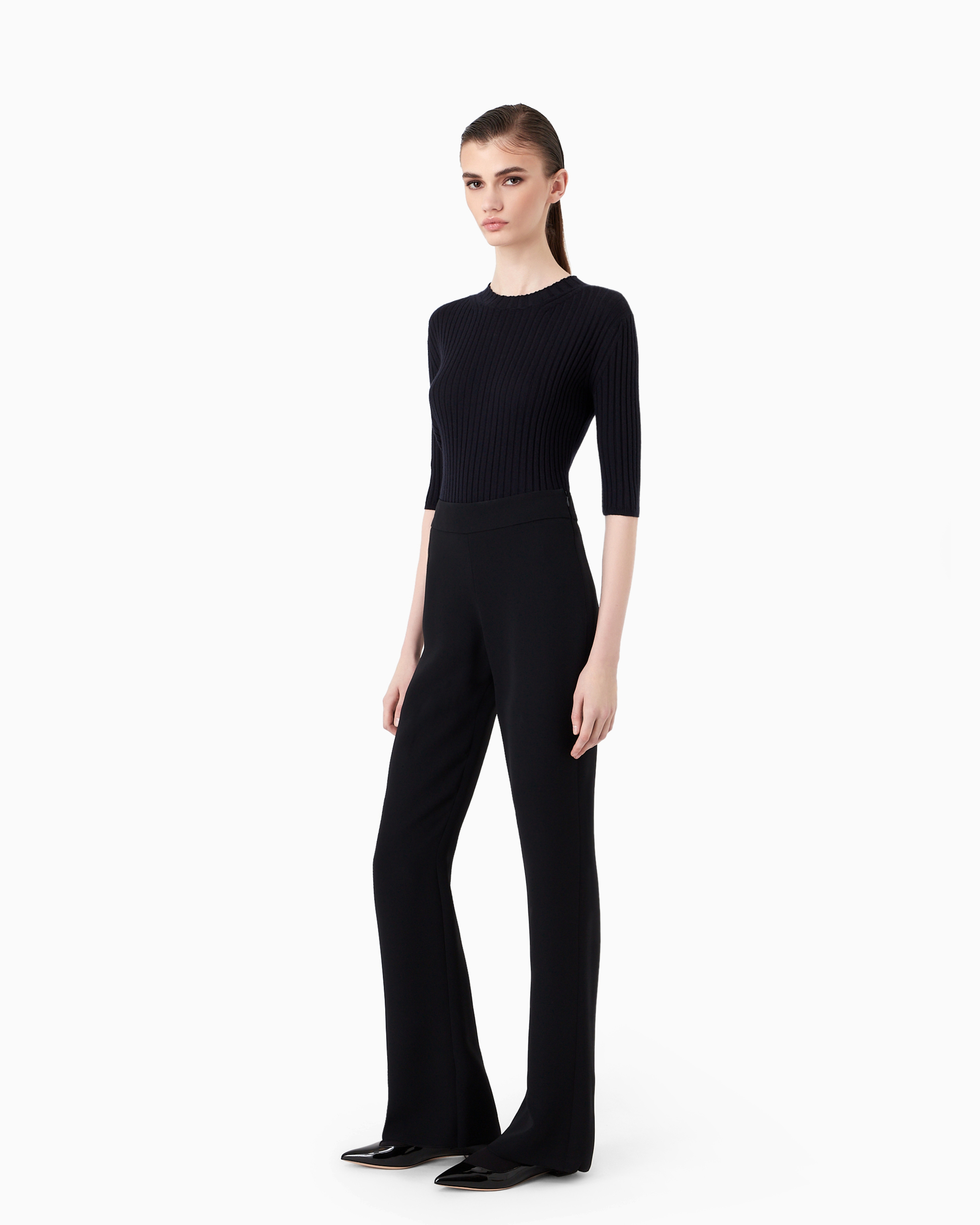 Giorgio Armani Official Store Pure Cashmere Ribbed Crew-neck Jumper In Navy Blue