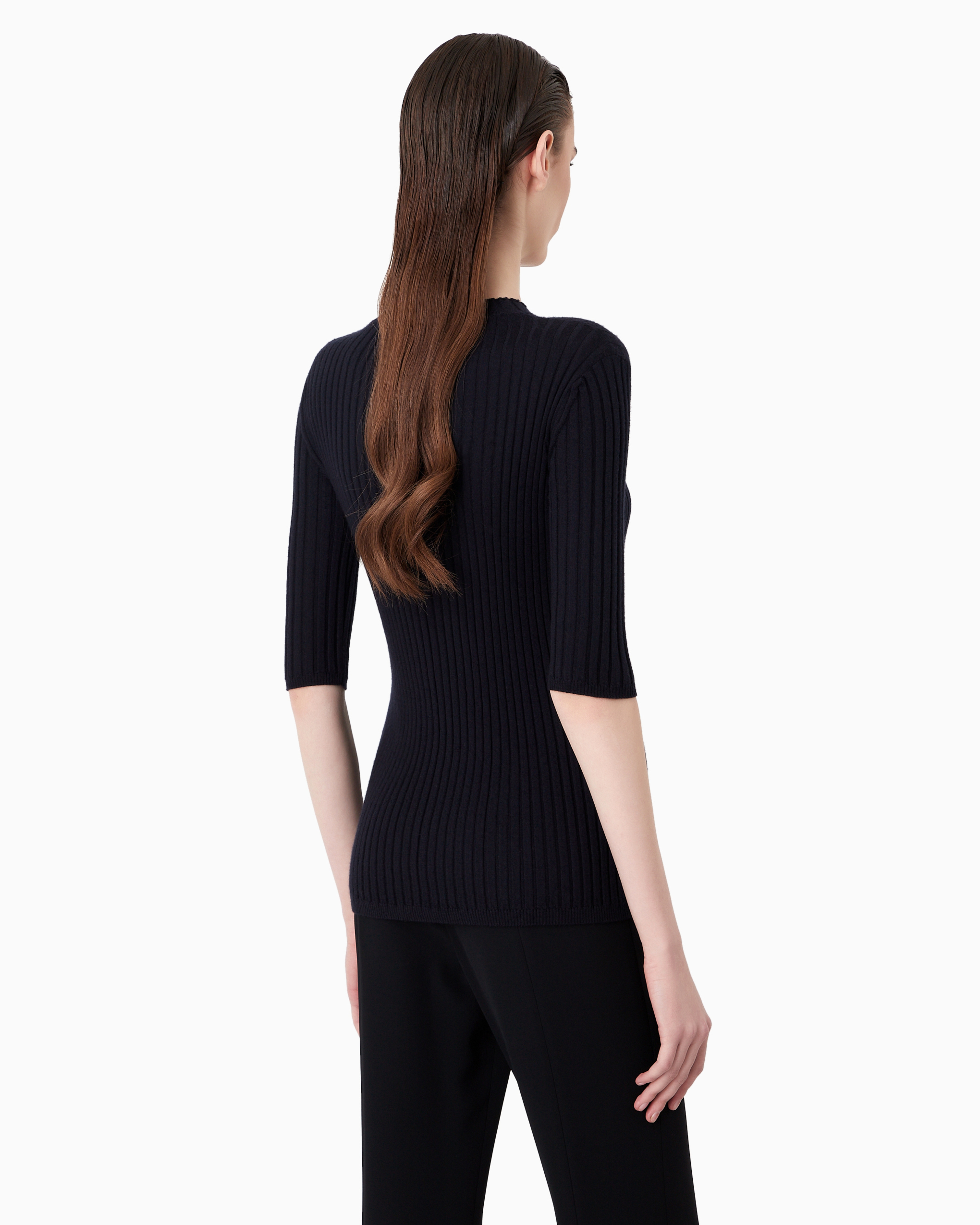 Giorgio Armani Official Store Pure Cashmere Ribbed Crew-neck Jumper In Navy Blue