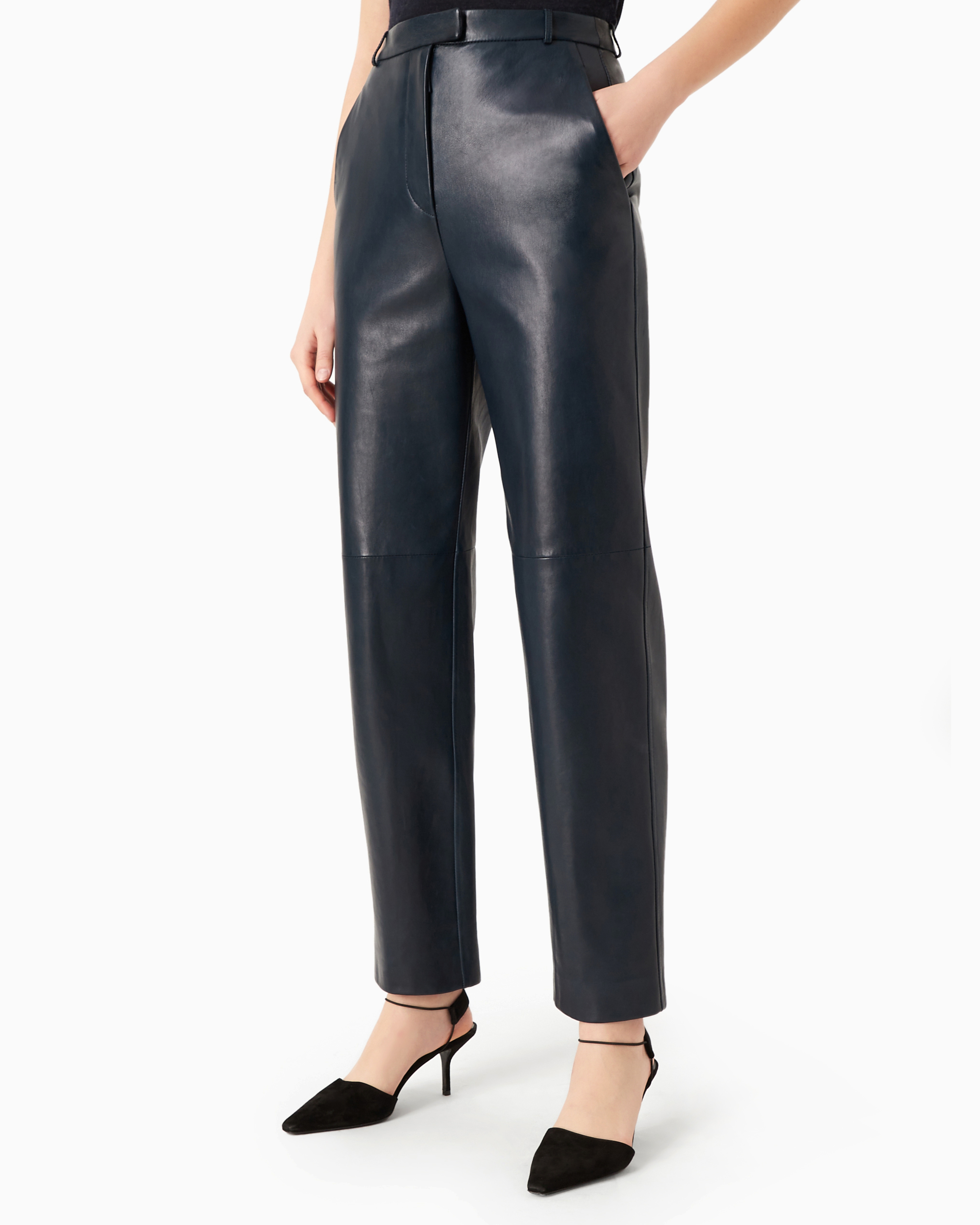 Shop Giorgio Armani Straight-cut, Nappa-leather Trousers In Blue