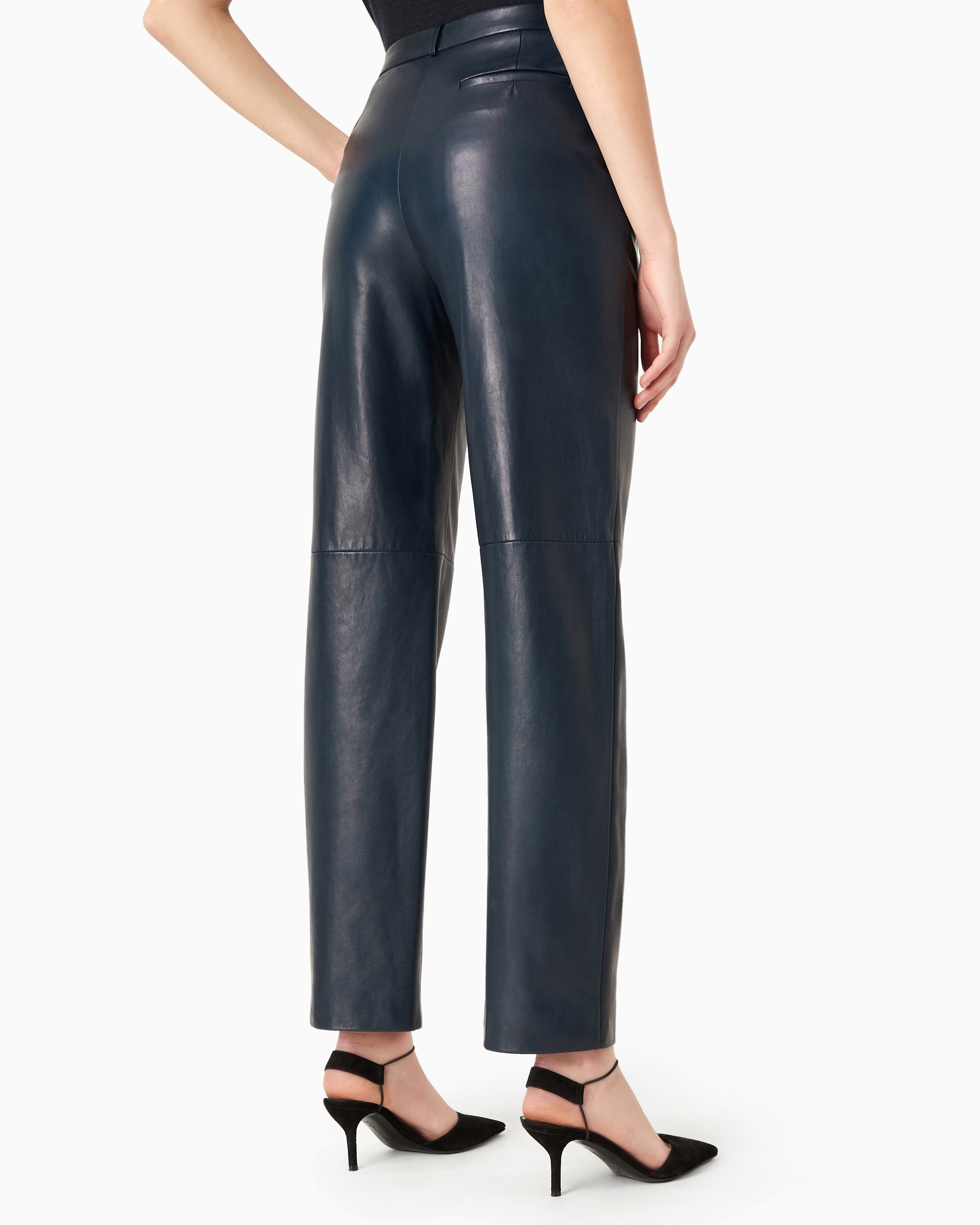 Shop Giorgio Armani Straight-cut, Nappa-leather Trousers In Blue