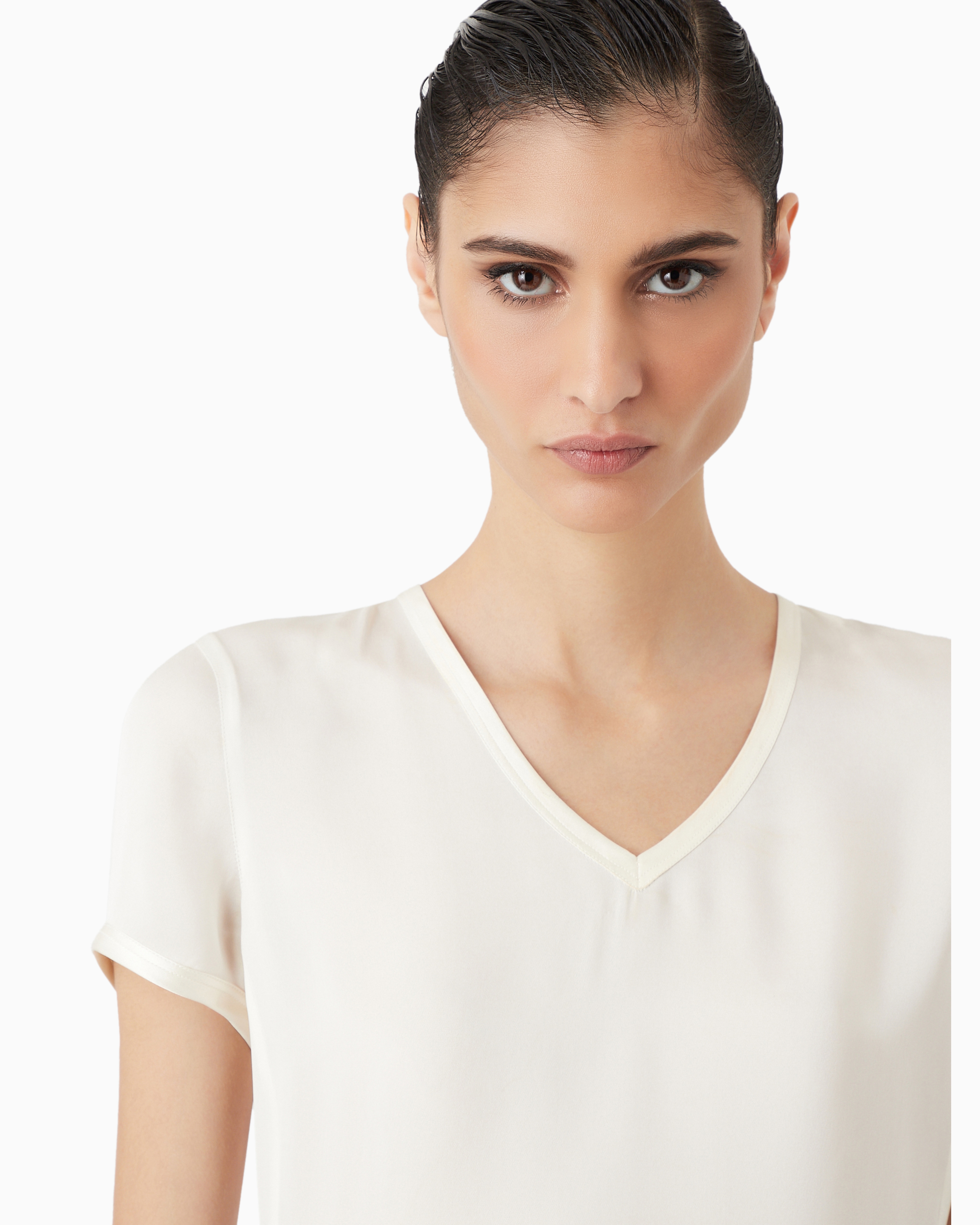 Giorgio Armani Silk Charmeuse Blouse With V Neckline In White