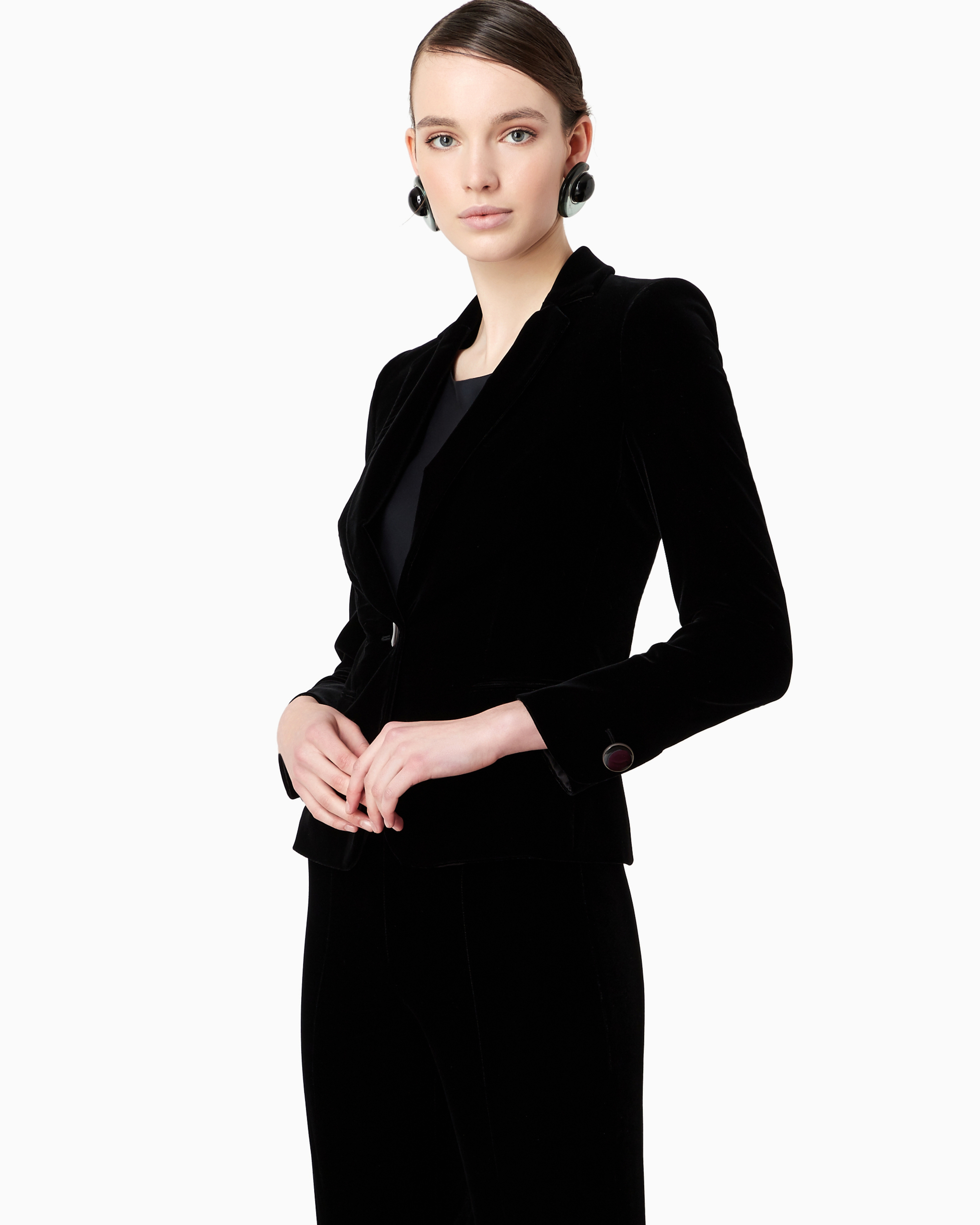 Giorgio Armani Official Store Single-breasted Velvet Jacket With Jewel Button Detail In Black