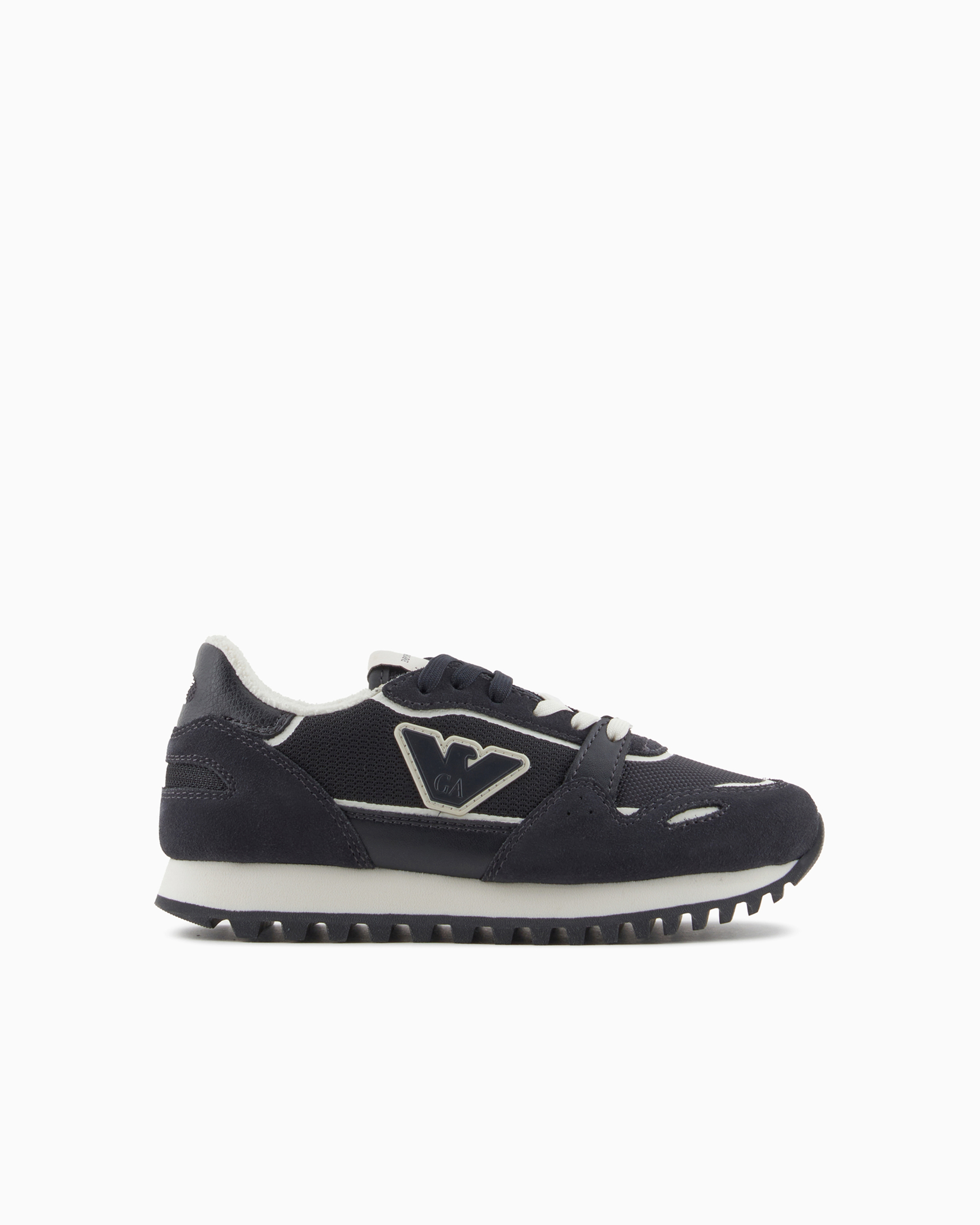 Emporio Armani Official Store Suede And Mesh Sneakers With Eagle In Bleu Marine