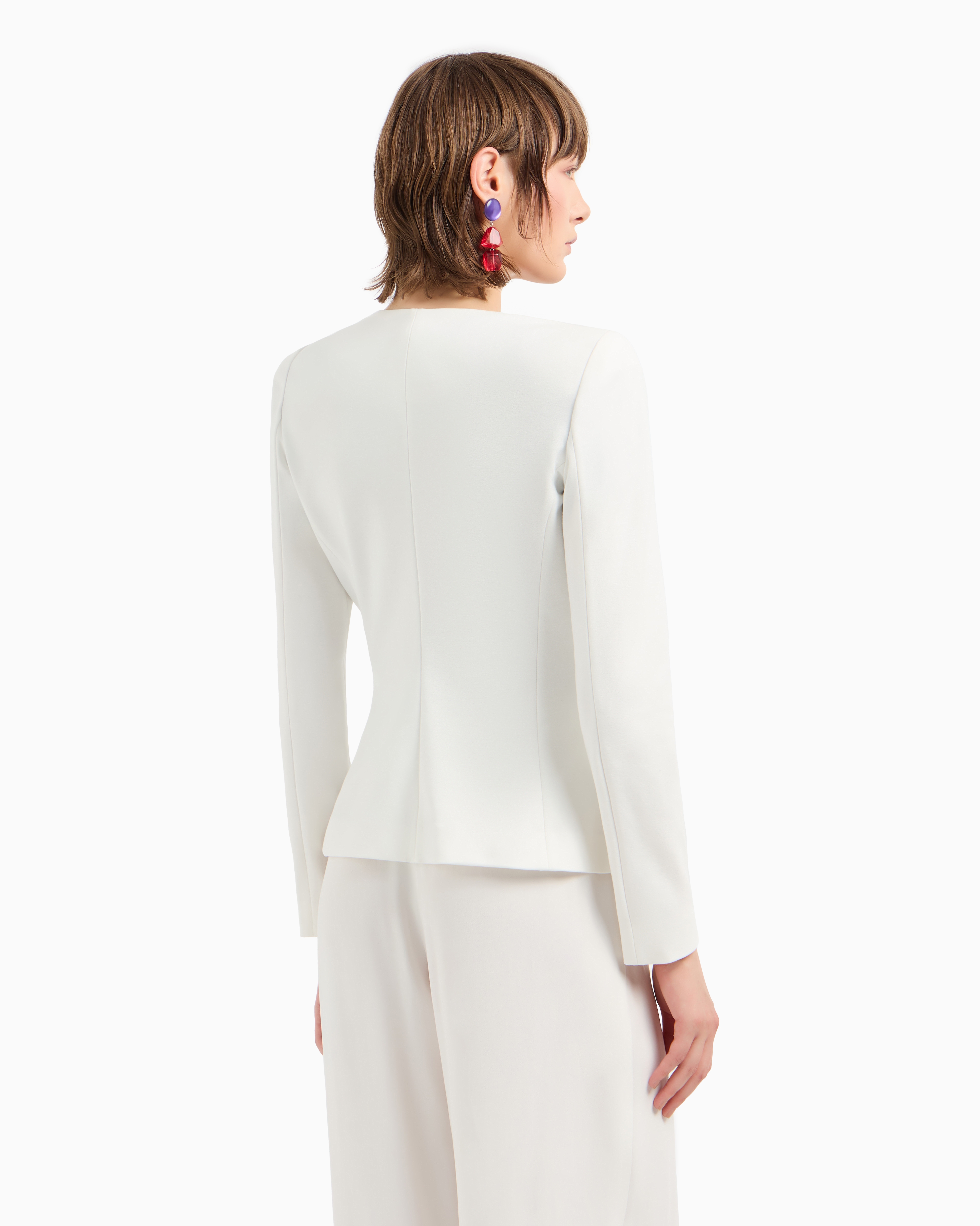 Shop Emporio Armani V-neck Jacket In Stretch Milano-stitch Fabric With A Cordonnet Patch In Blanc