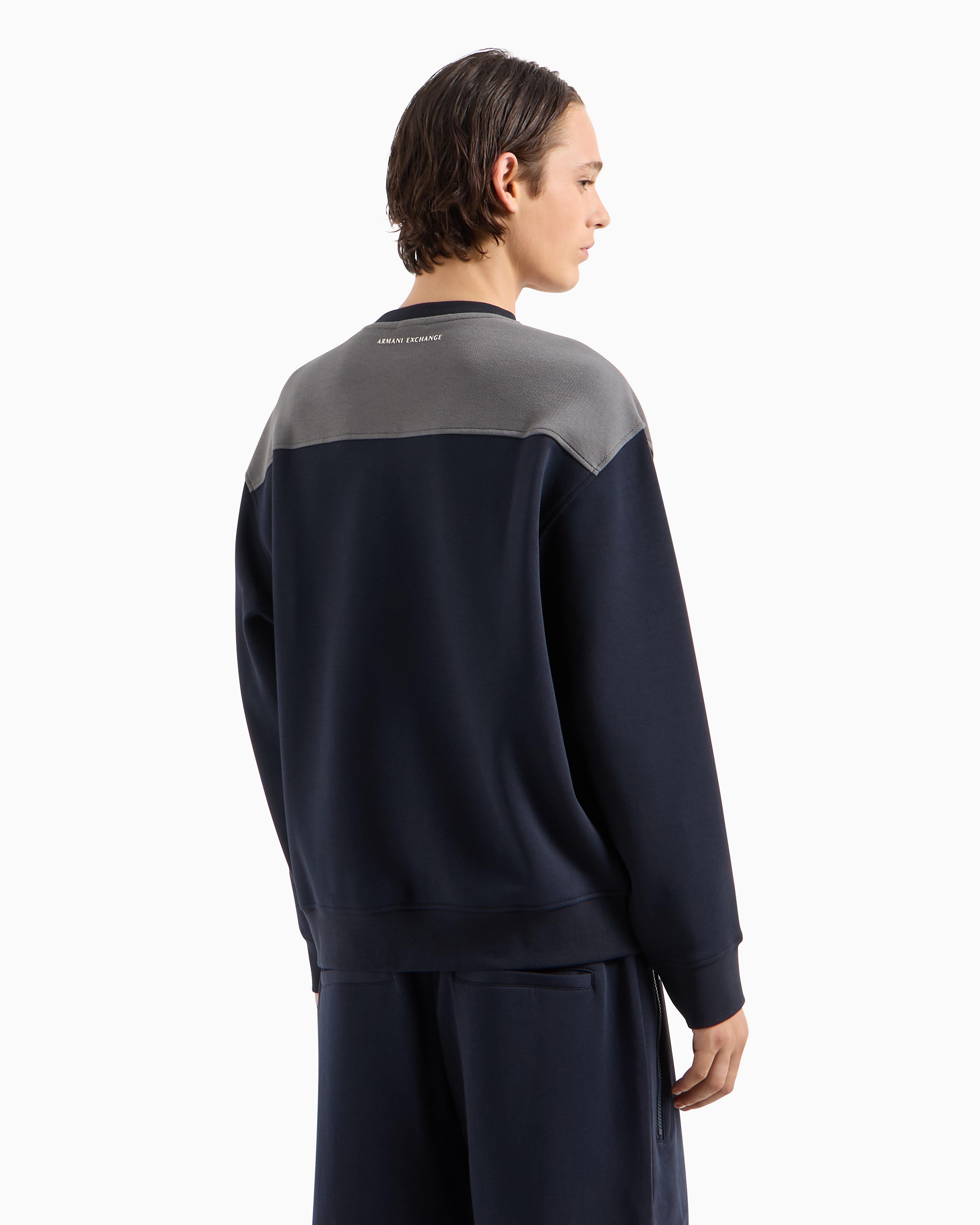 Shop Armani Exchange Asv Organic Cotton Crewneck Sweatshirt With Maxi Logo And A-line In Navy Blue