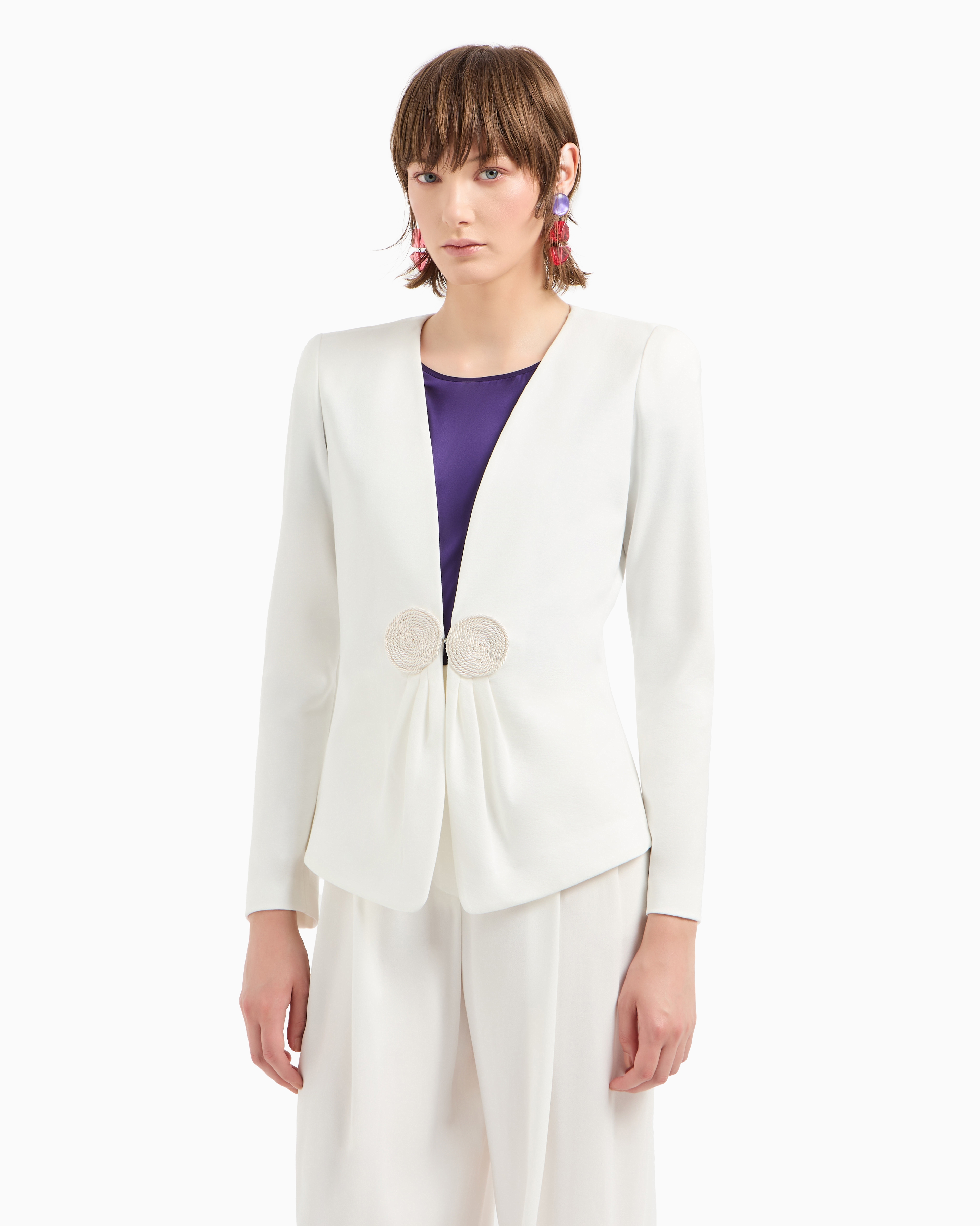 Shop Emporio Armani V-neck Jacket In Stretch Milano-stitch Fabric With A Cordonnet Patch In Blanc