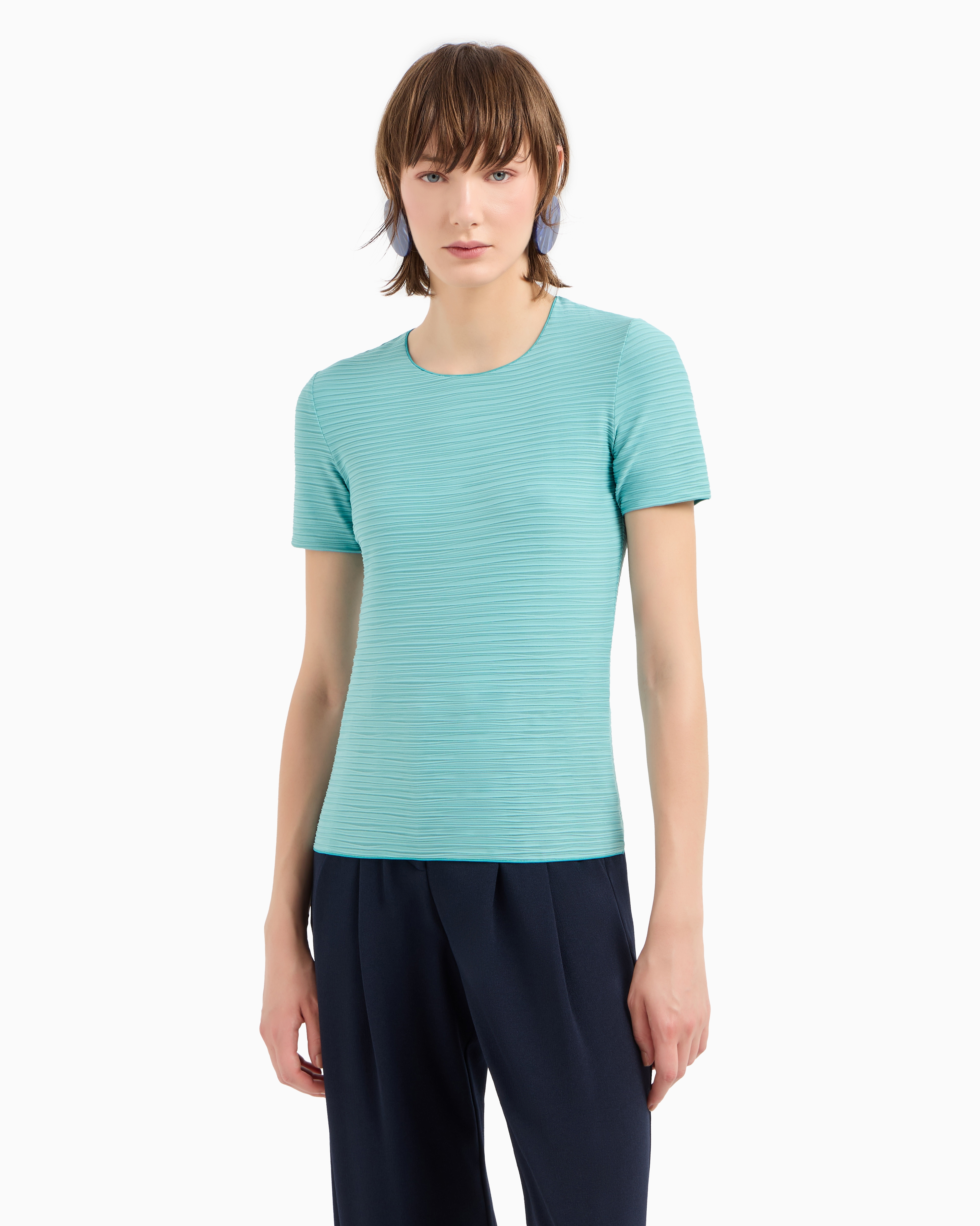 Shop Emporio Armani Stretch Jersey Short-sleeved Jumper With An Embossed Irregular Knit In Grün