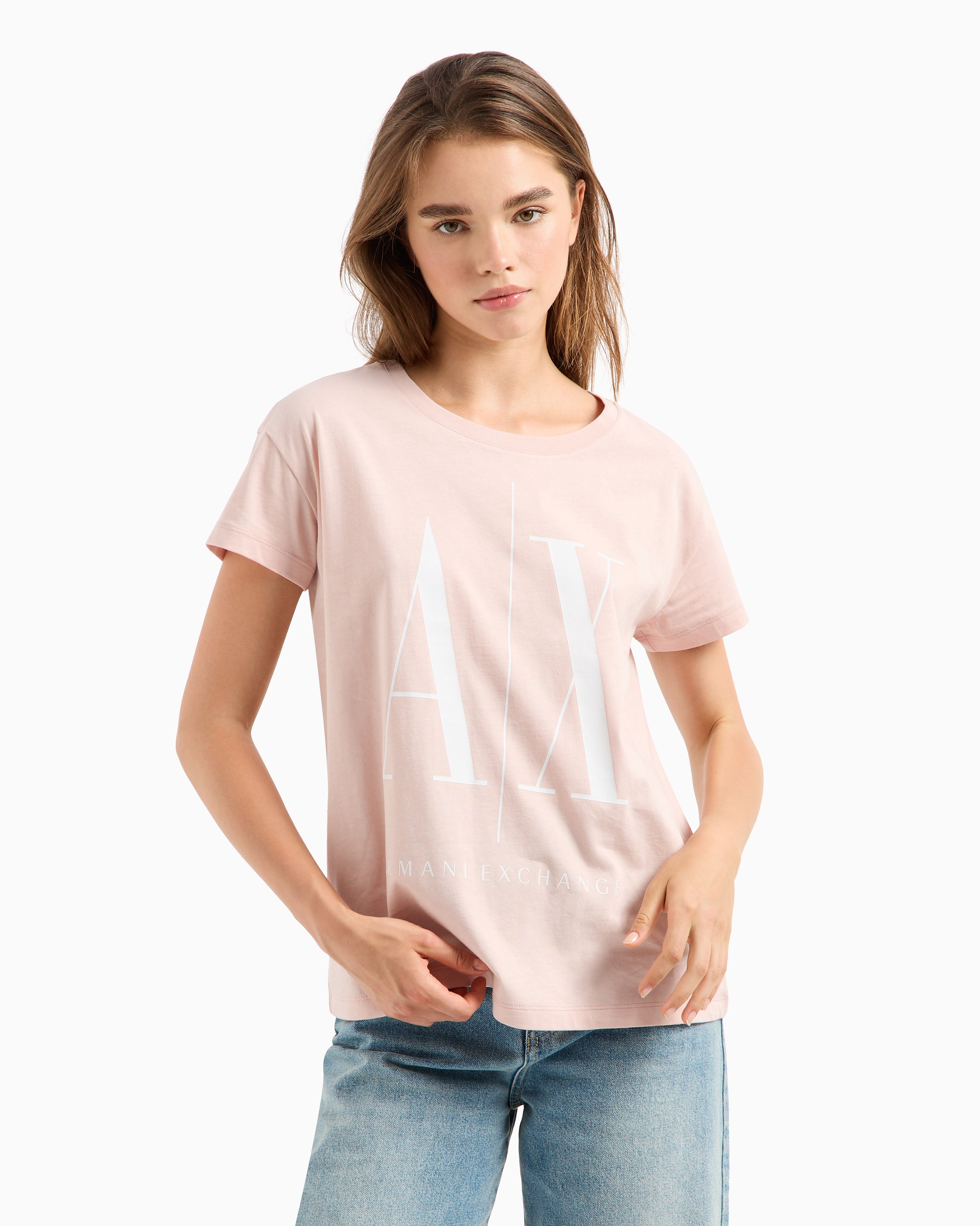 Shop Armani Exchange Relaxed Fit T-shirt With Round Neck And Logo In Pink