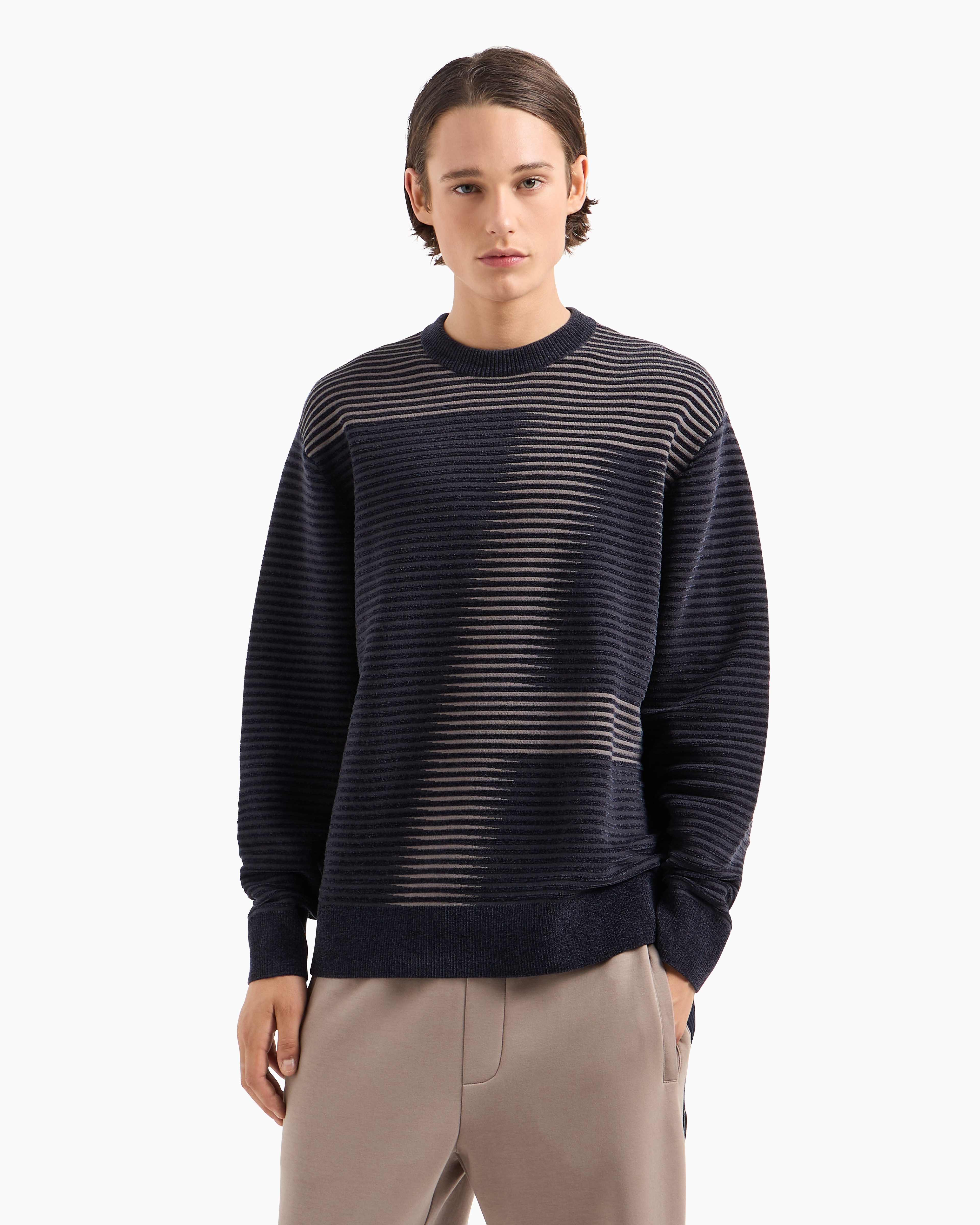 Shop Armani Exchange A Line Logo Striped Crewneck Sweater In Navy Blue