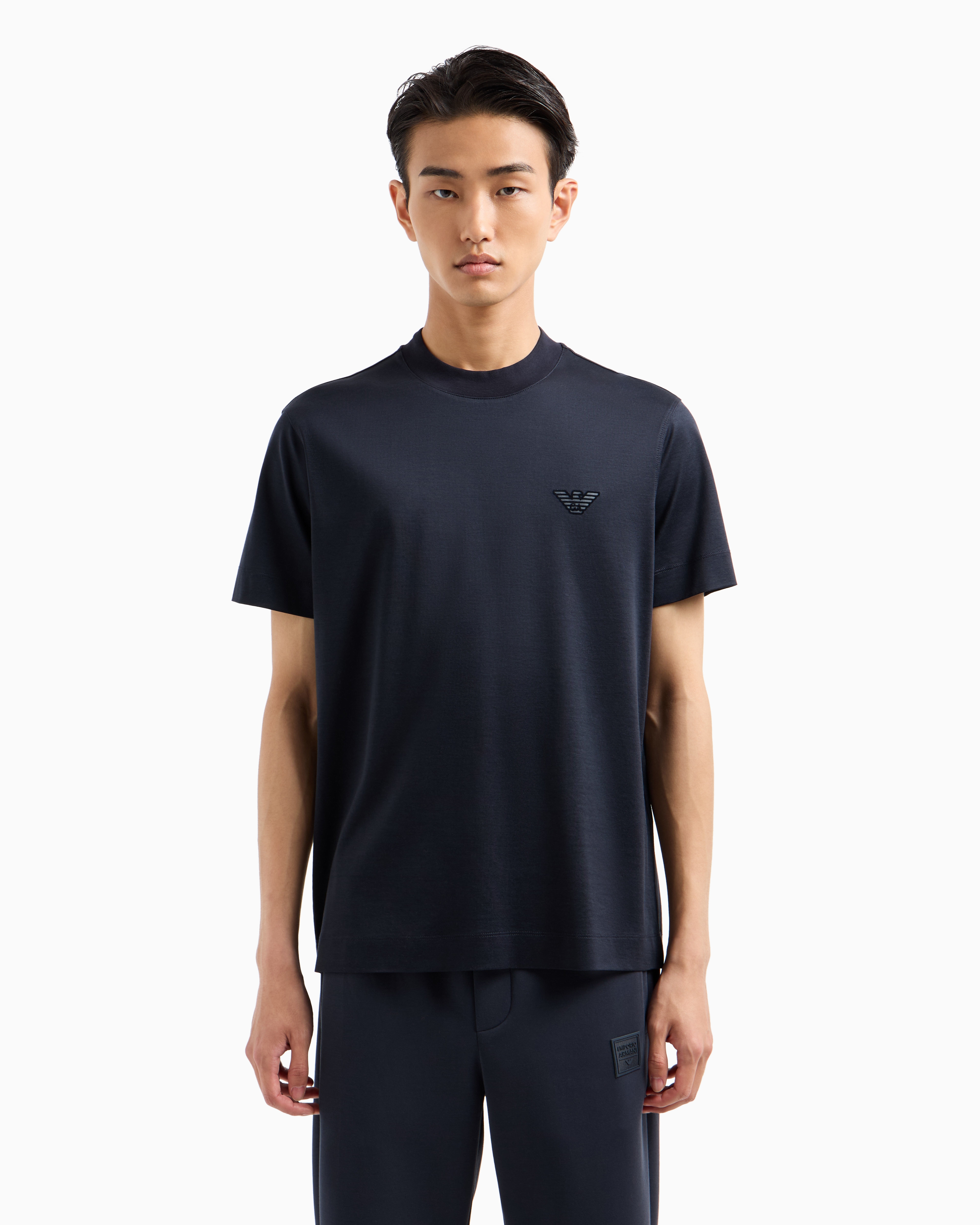 Shop Emporio Armani Asv Lyocell-blend Jersey T-shirt With A Flocked Logo In Blue Logo