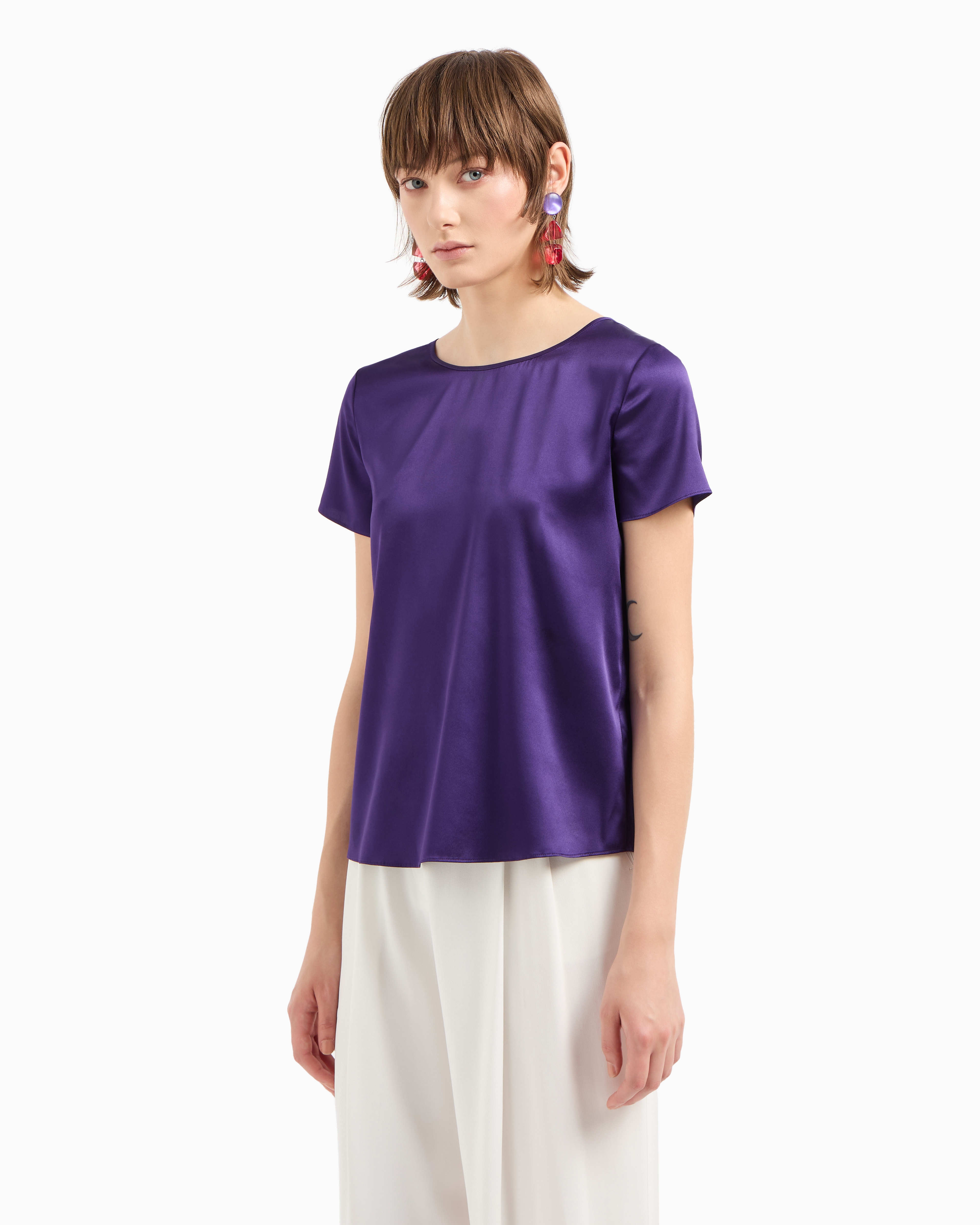 Shop Emporio Armani Short-sleeved Silk Satin Blouse In Purple