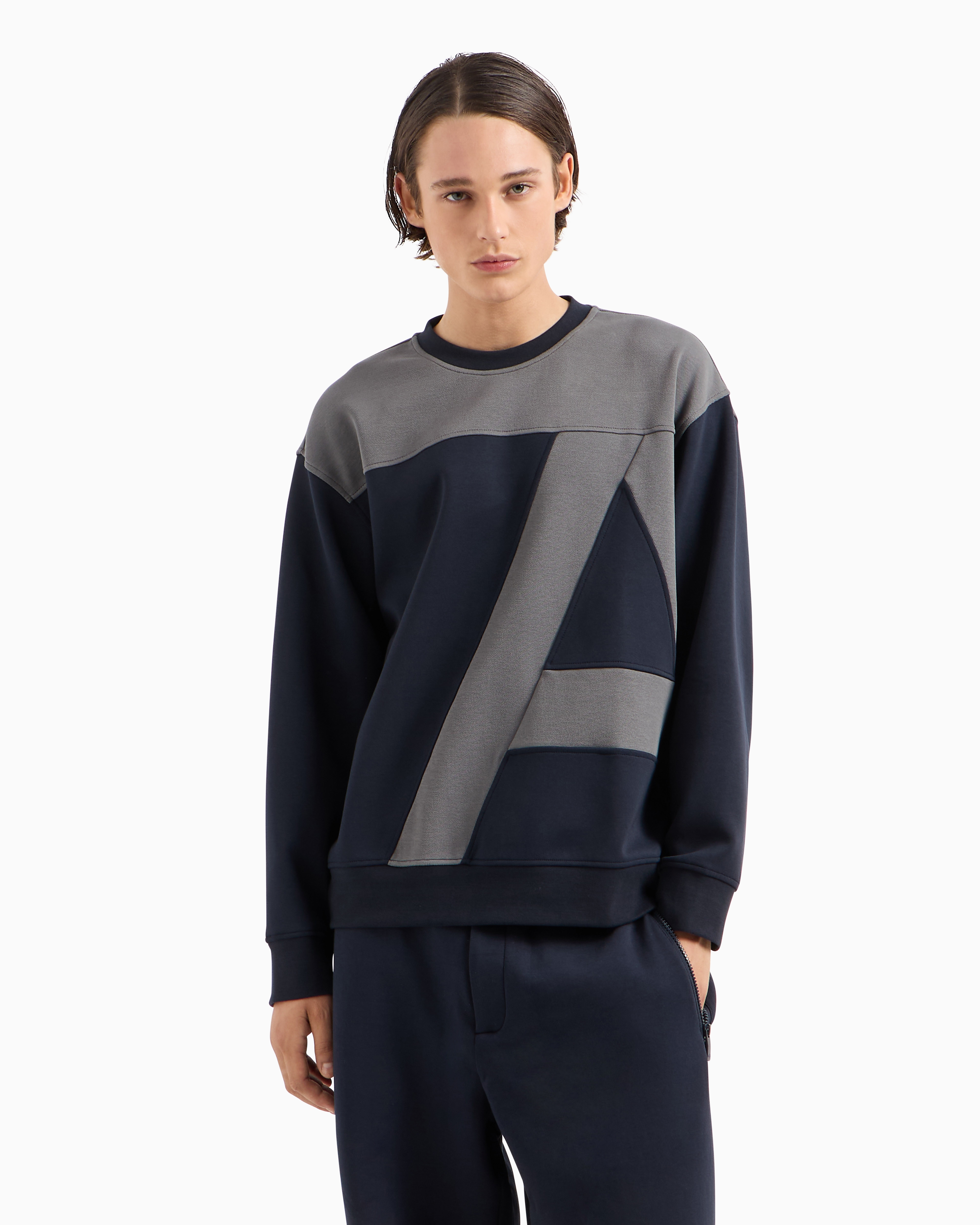 Shop Armani Exchange Asv Organic Cotton Crewneck Sweatshirt With Maxi Logo And A-line In Navy Blue