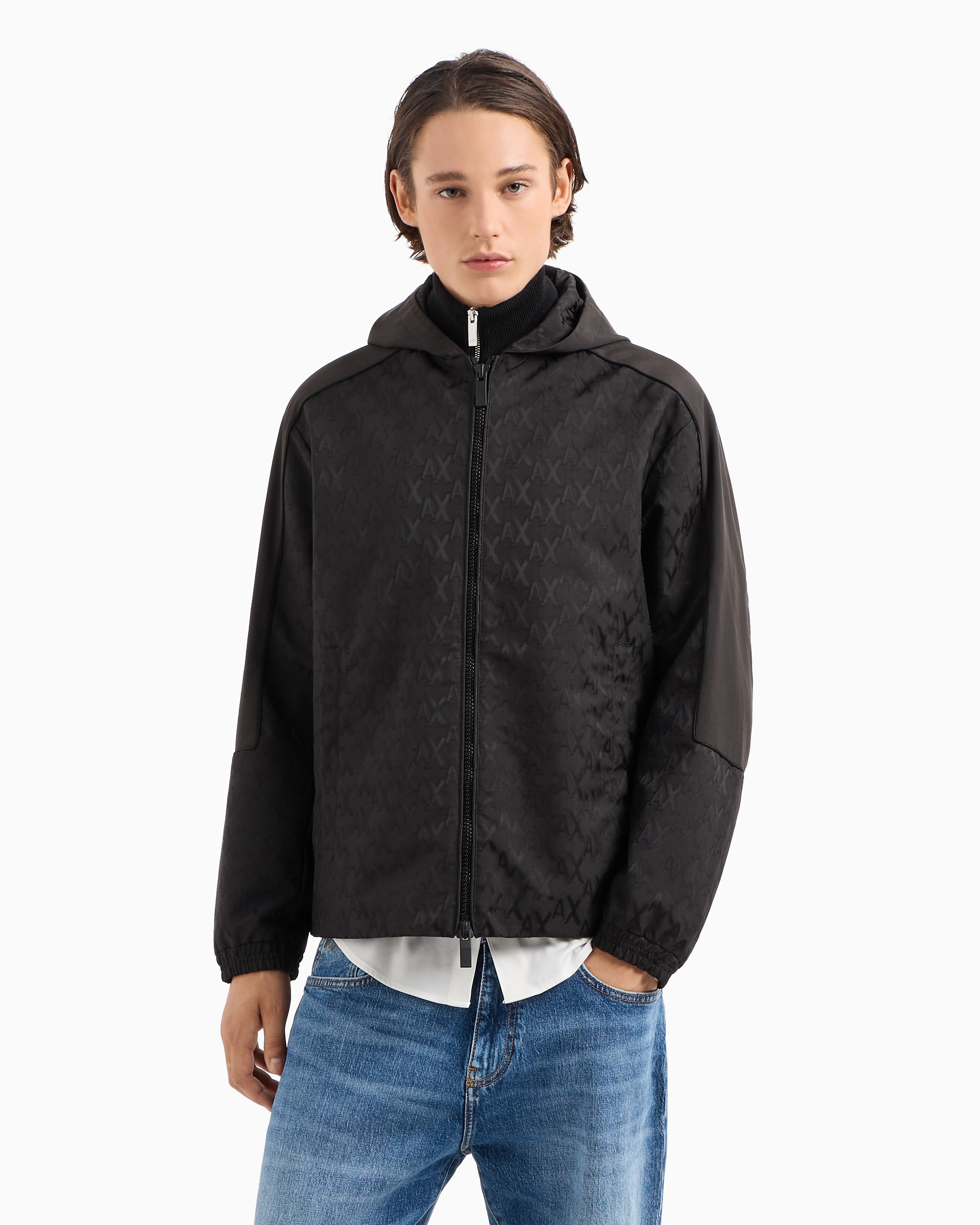 Shop Armani Exchange Blouson With Hood In Monogram Coated Fabric In Black