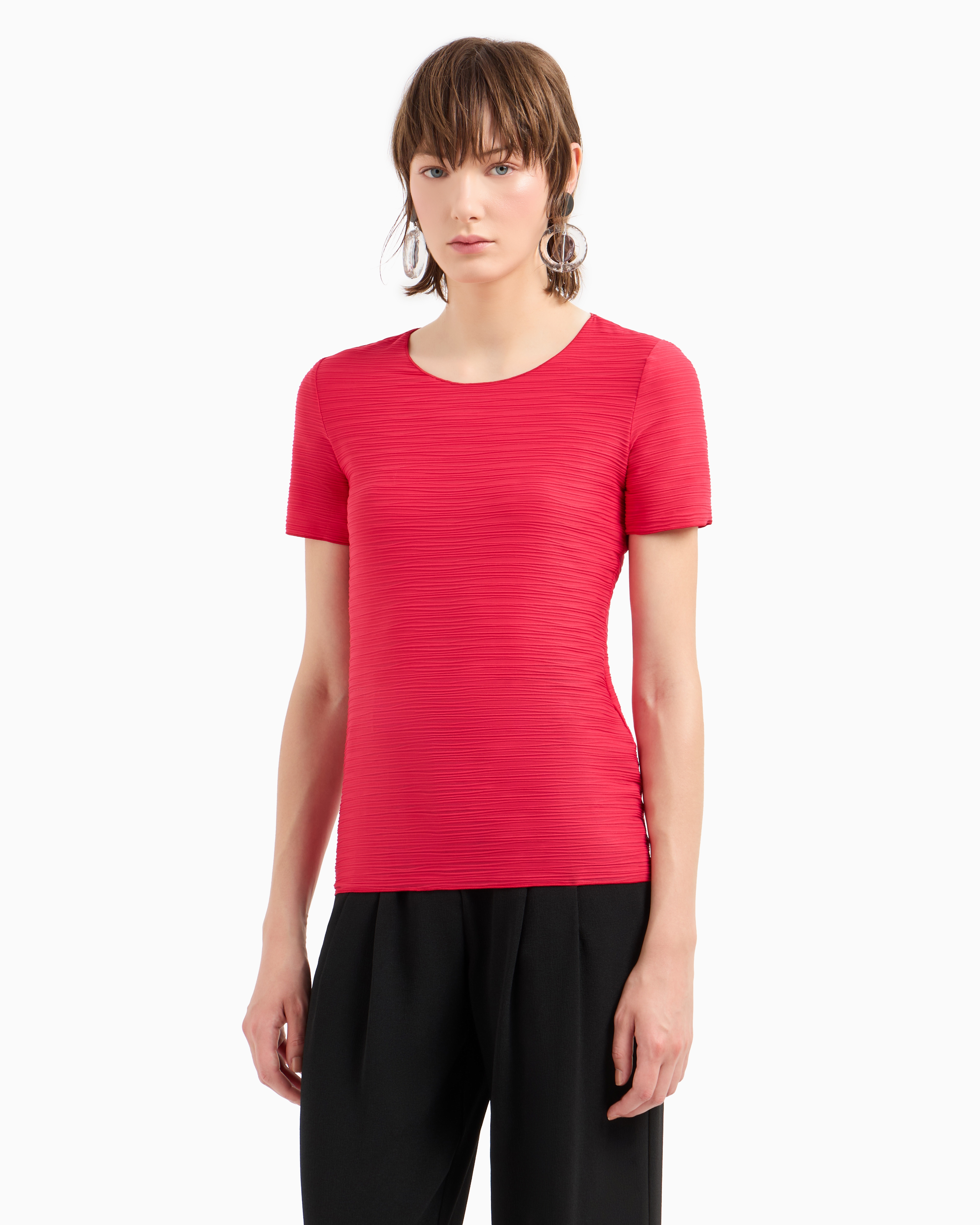 EMPORIO ARMANI STRETCH JERSEY SHORT-SLEEVED JUMPER WITH AN EMBOSSED IRREGULAR KNIT 