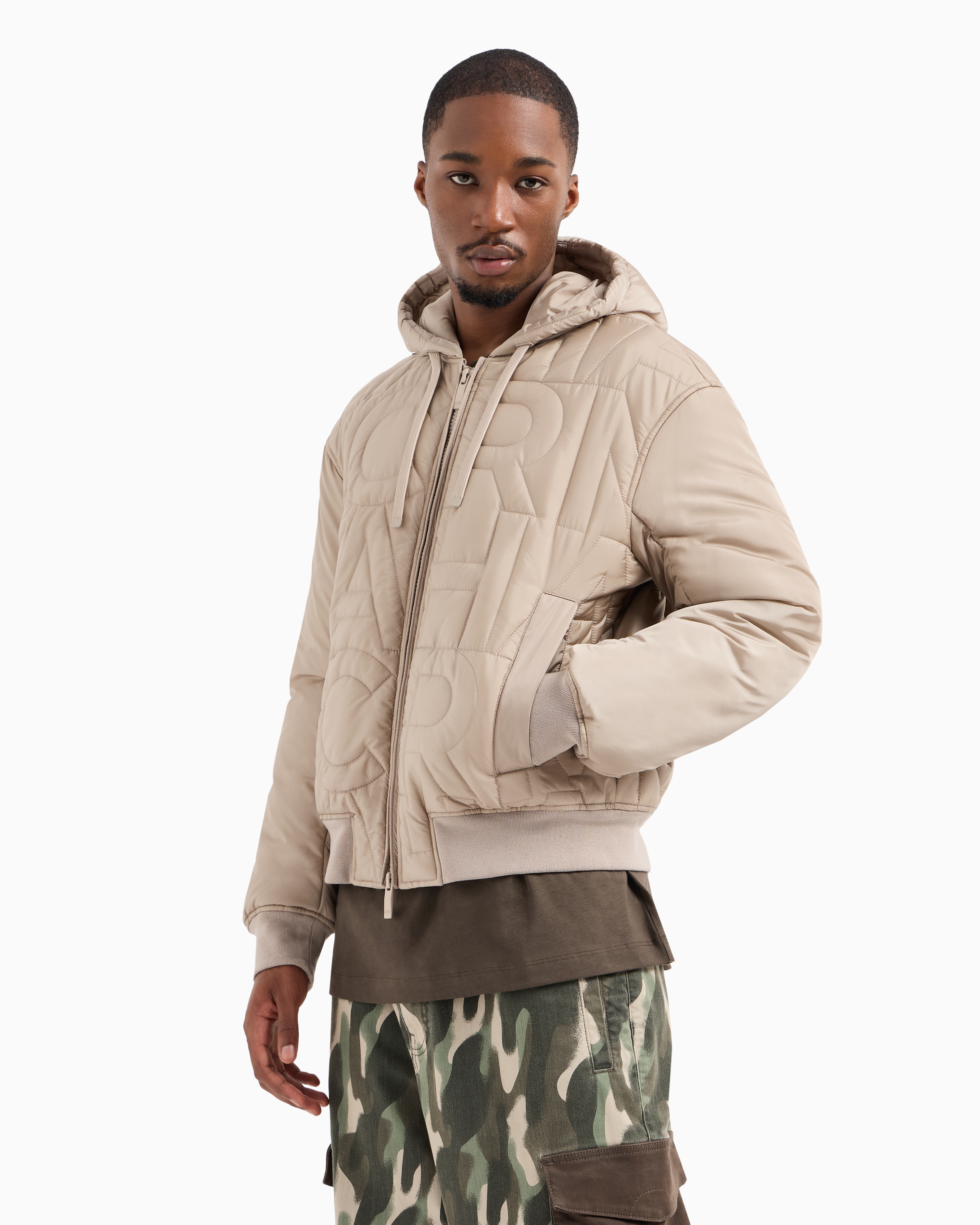 Shop Armani Exchange Asv Recycled Nylon Allover Logo Jacket In Beige